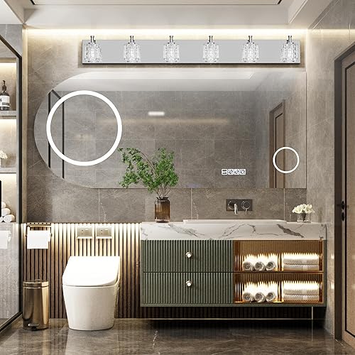 Miniatura 4 de Ralbay Moderna lámpara de cristal para baño, 6 luces LED, modernas cromadas para tocador sobre espejo, luces de tocador de baño de cristal