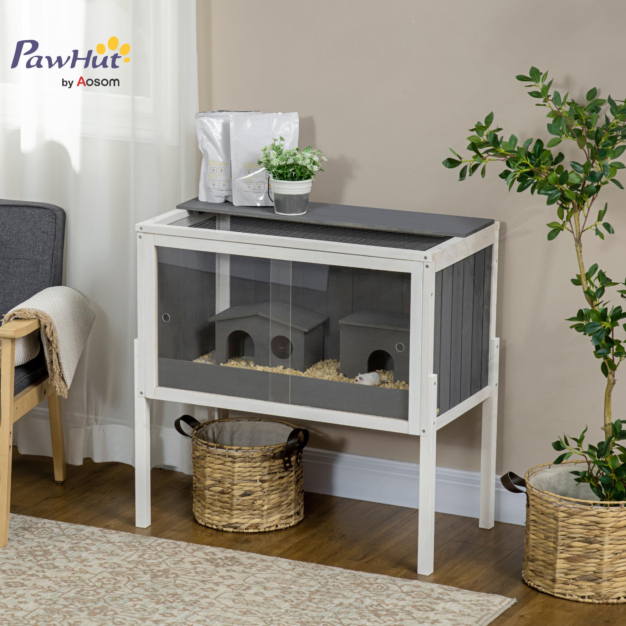 PawHut Jaula para Hámster de Madera 82x45x81 cm Casa para Roedores con Estante Desmontable 2 Puertas de Acrílico 2 Casitas para Animales Pequeños Gris Oscuro