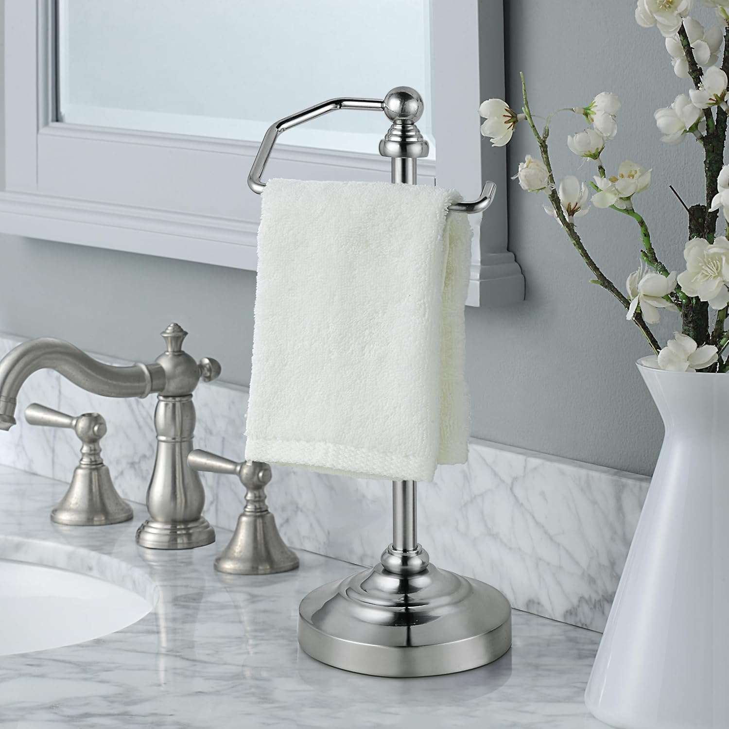 SunnyPoint Deluxe Free Standing Heavy Weighted Countertop Fingertip Towel Holder Stand (Satin Nickle) - Image 2