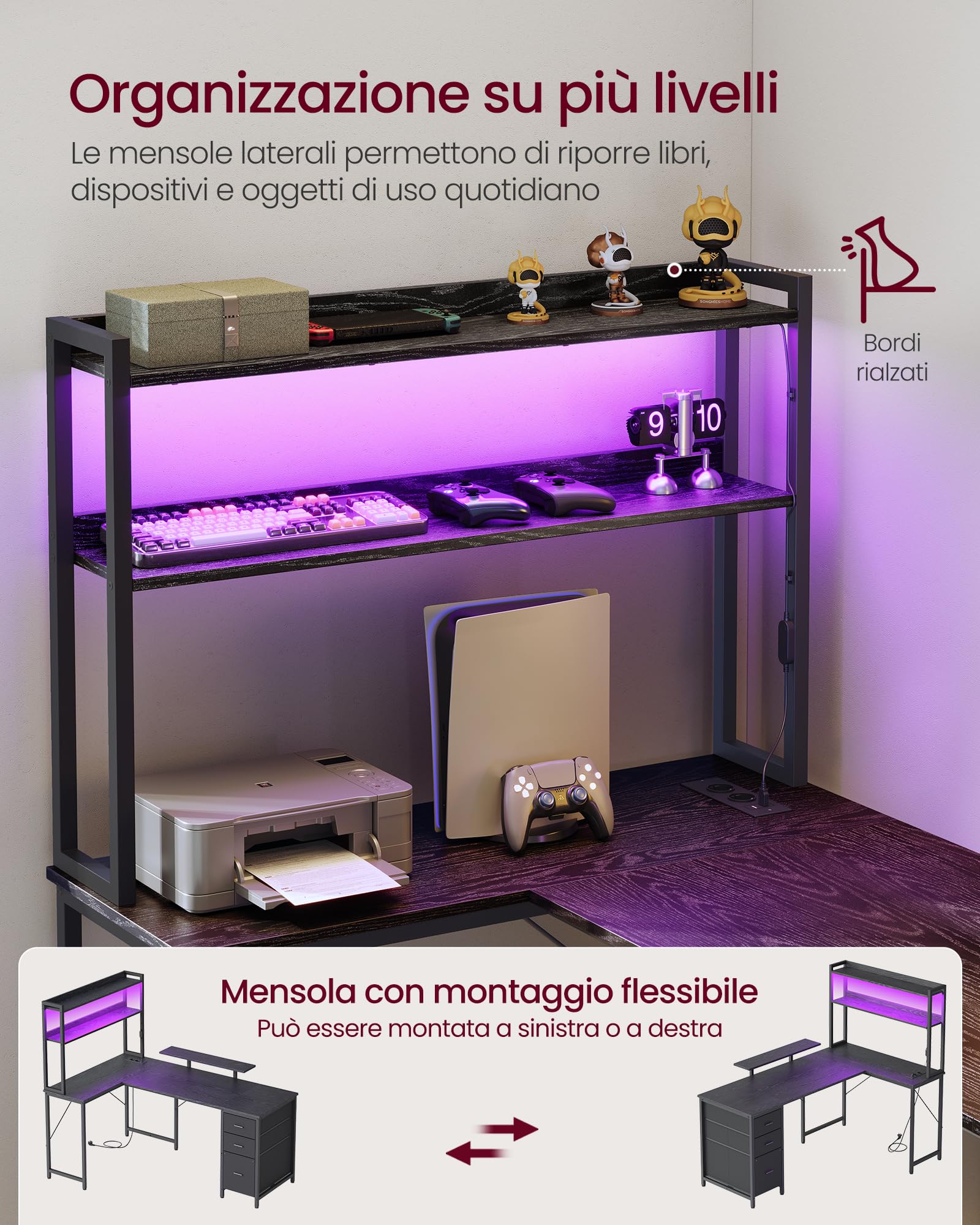 VASAGLE Scrivania Angolare, Scrivania da Gaming con Prese e Porte USB, Luci LED, 3 Cassetti, Supporto per Monitor, 160 x 100 x 150 cm, Nero Ebano, Collezione BARNET LWD163B101