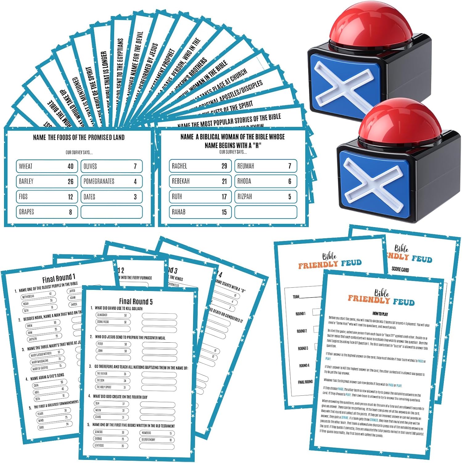 Christian Bible Friendly Game with 2 Answer Buzzers, Religious Family Card Church Group Fun Trivia Quiz for Easter Party Office Class Team Building (Square)