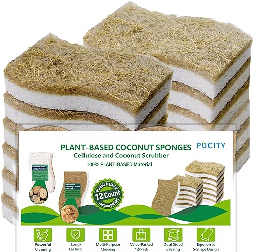 Esponjas de Cocina Naturales para Platos Esponja de Platos a Base de Plantas Biodegradable Compostable de Celulosa con Estropajo de Coco Esponja
