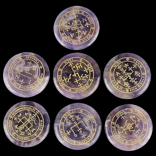 Miniatura 4 de mookaitedecor 7 piedras de amatista con símbolo de arcángel mágico grabado, piedra de palma pulida para curación de cristal de Reiki, Piedra