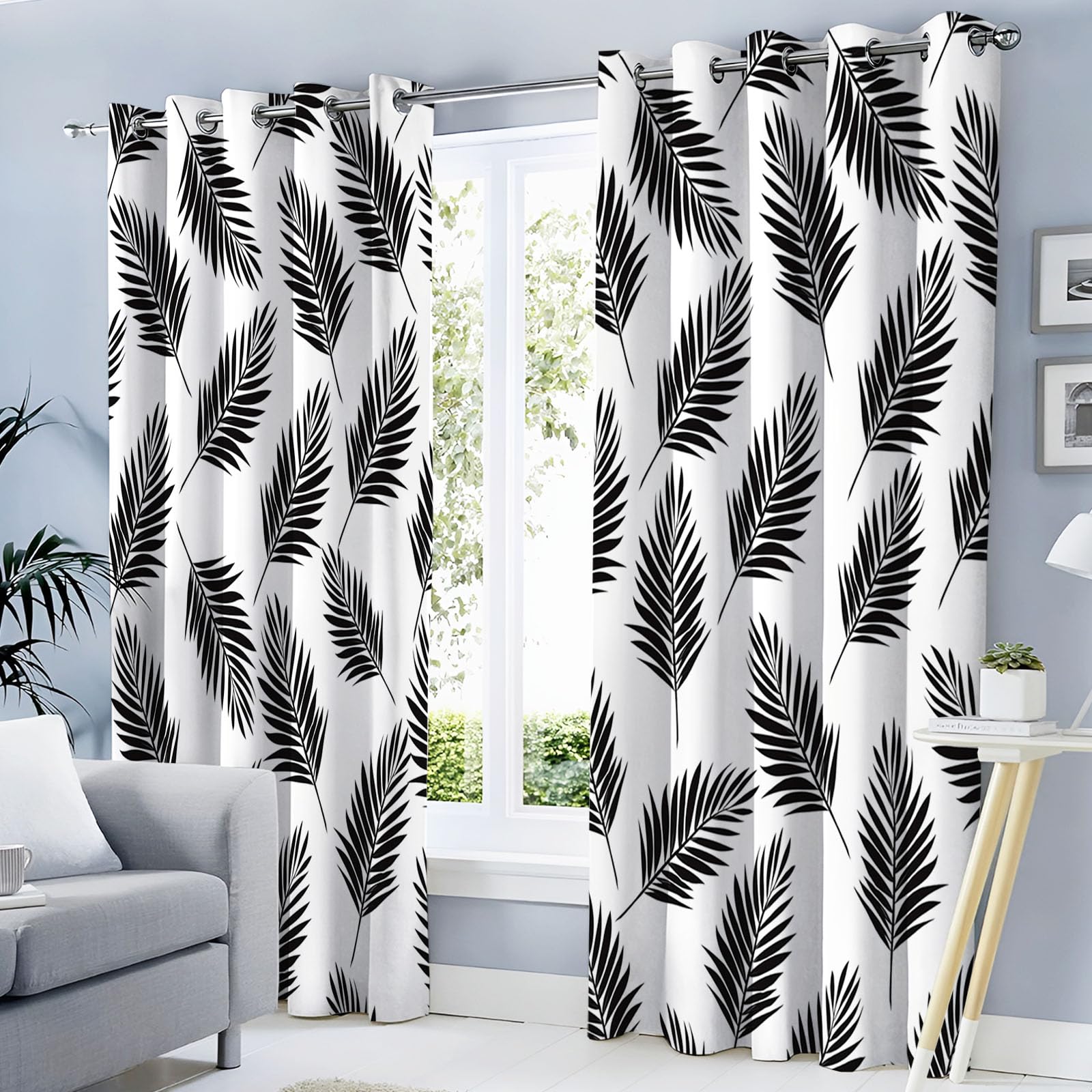 MLSOWM Black Palm Leaves Blackout Curtains, Black Thermal Insulated Curtains, Tropical Leaves Printed Ring Top Drapes for Girls Bedroom, W 90" x L 90", 2 Panels