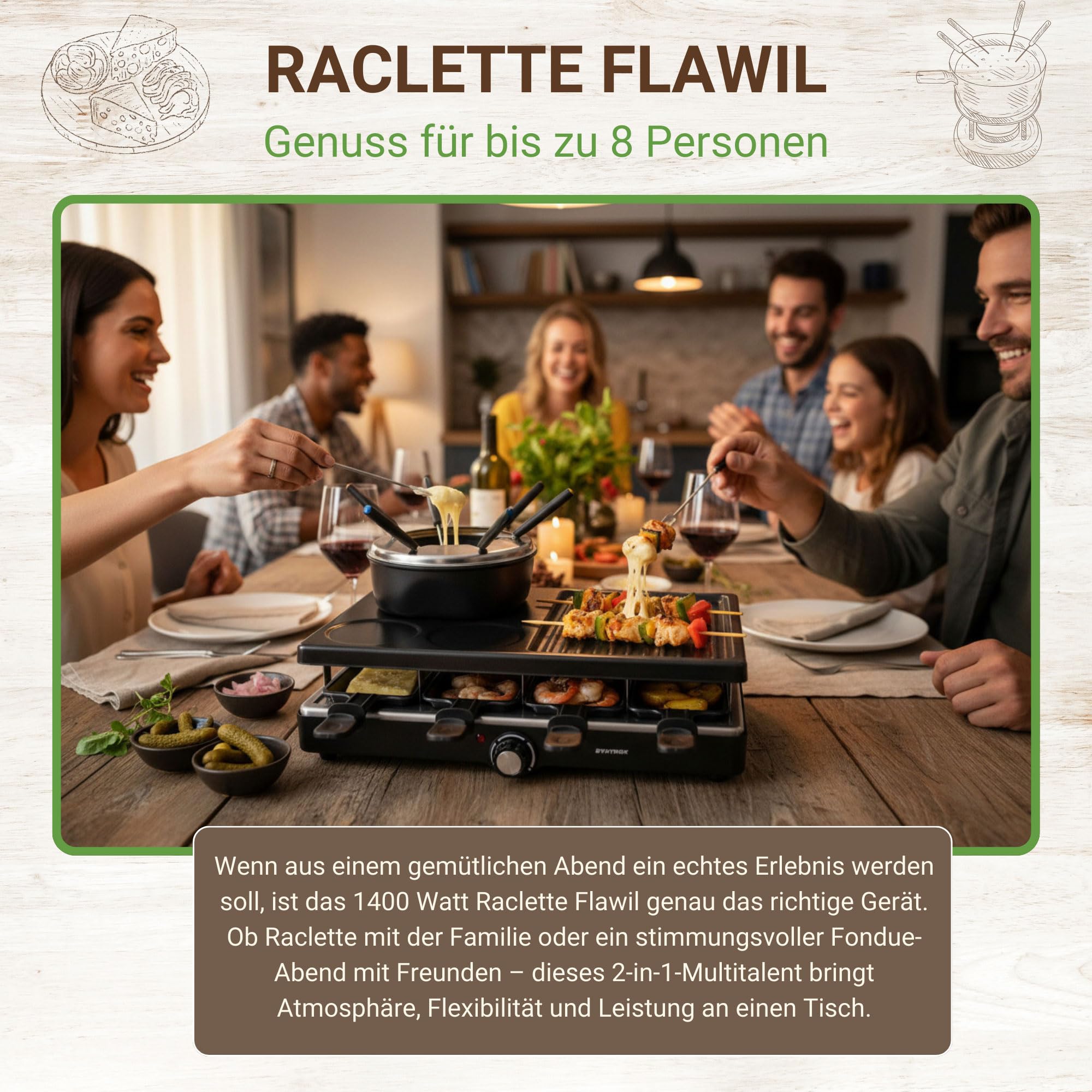 Syntrox Raclette Fondue 2in1 für 8 Personen, 1400 W, antihaft Grillplatte, 8 Pfännchen, 1,4 l Fondue-Topf, Thermostatsteuerung