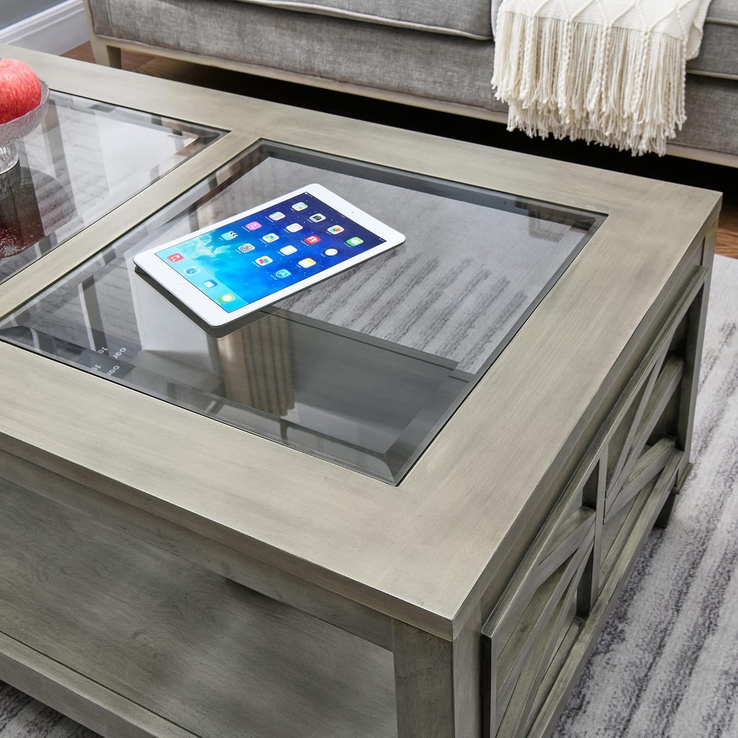 LEEMTORIG Glass Solid Wood Coffee Table, Modern Farmhouse Coffee Table with Storage, Rustic Wood Coffee Table for Living Room with Open Storage Shelf, 45.5"x26"x19", Grey Wash KFZ-1318-AN