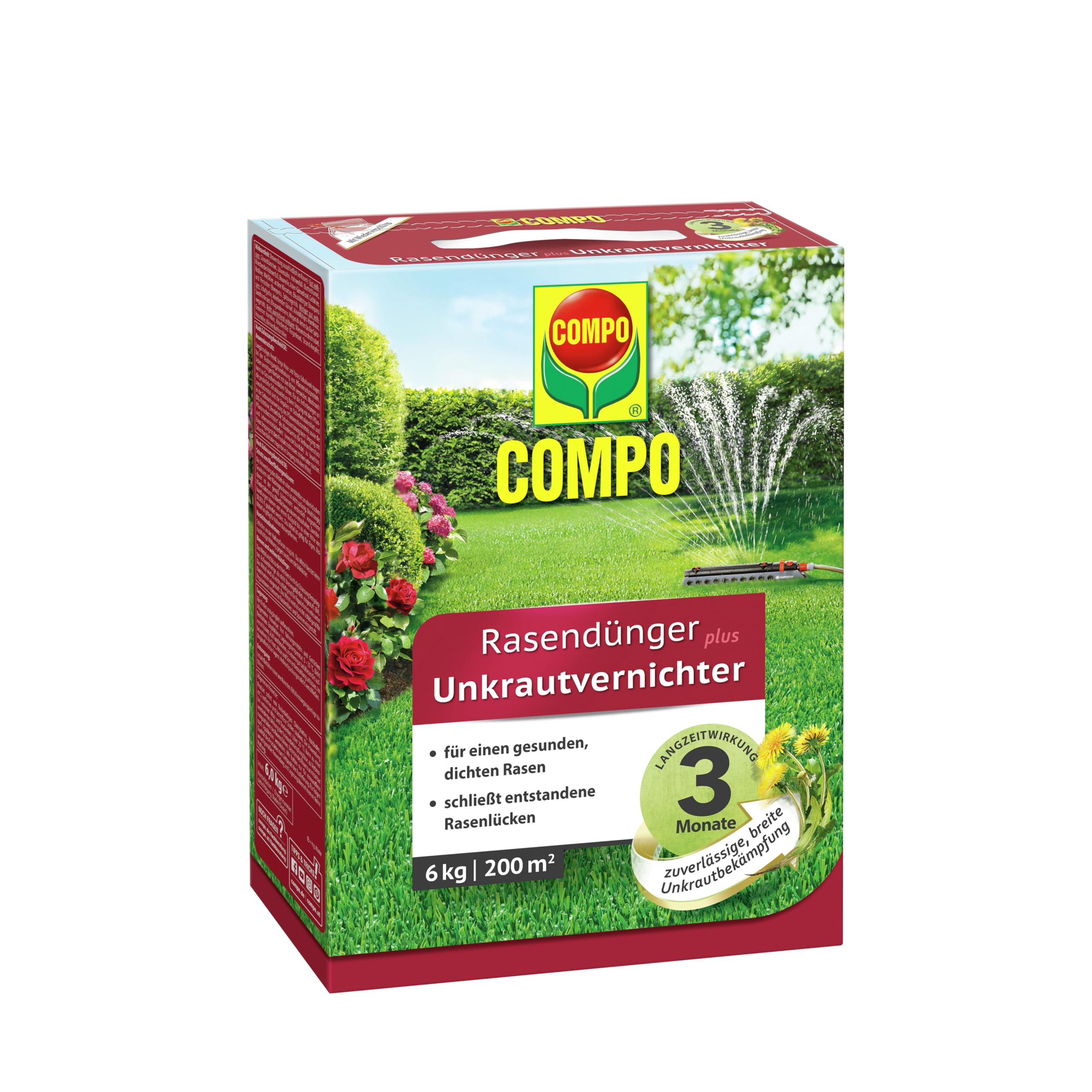 COMPO Rasendünger plus Unkrautvernichter 6 kg für 200 m² 3 Monate Langzeitwirkung, Unkrautvernichtung, Feingranulat, 6 kg, 200 m²