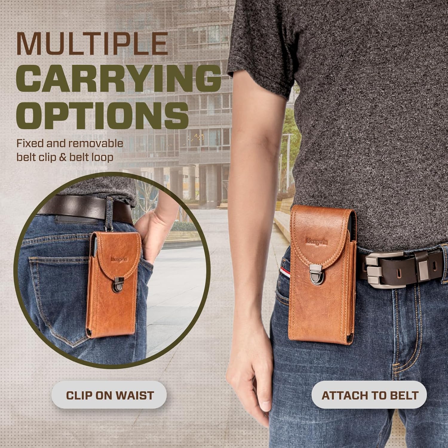 Hengwin Genuine Leather Cell Phone Holster Fit for iPhone 17 Pro Max 16 Pro Max 15 Pro Max 14 Pro Max Samsung S24 Ultra S25 Ultra Holster Belt Case with Belt Clip/Loop Phone Holder for Men (Brown) - Image 6