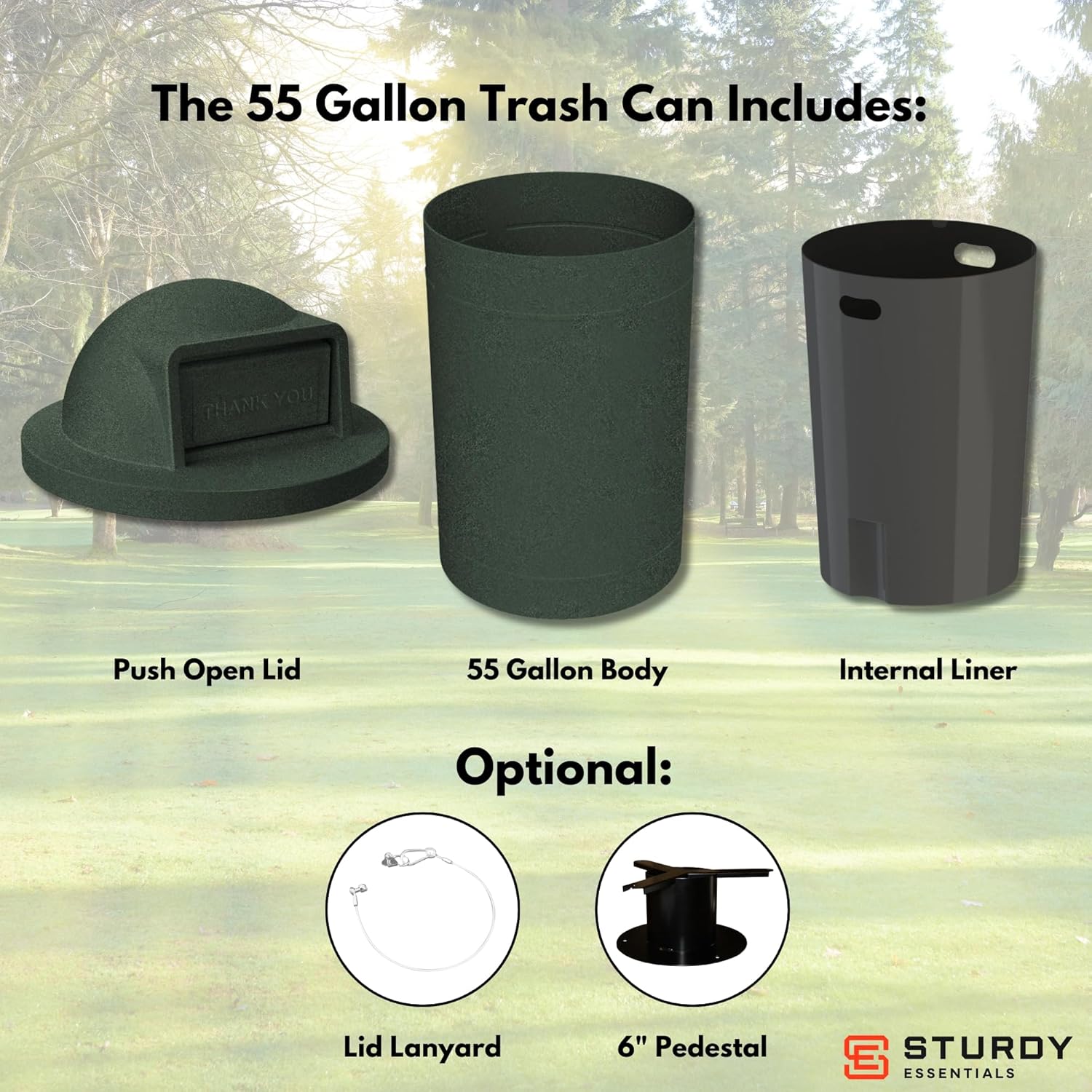 Campus Collection 55 Gallon Round Heavy-Duty Plastic Commercial Outdoor or Indor Trash Can with Push Open Dome Lid and Internal Liner | Great for Schools and Businesses - Green Granite