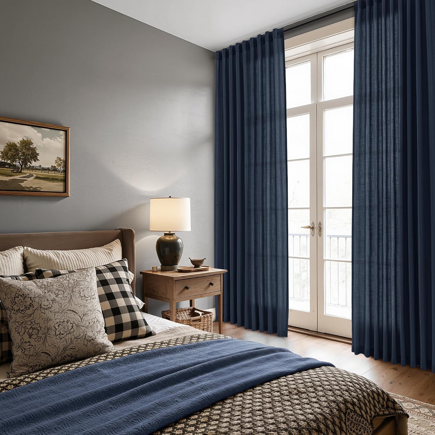 Nanspring Navy Blue Linen Curtains 84 Inch 2 Panels Set for Living Room Back Tab Rod Pocket Modern Semi Sheer Light Filtering Window Drapes with Hooks & Rings for Bedroom Boys Room 52x84 Navy