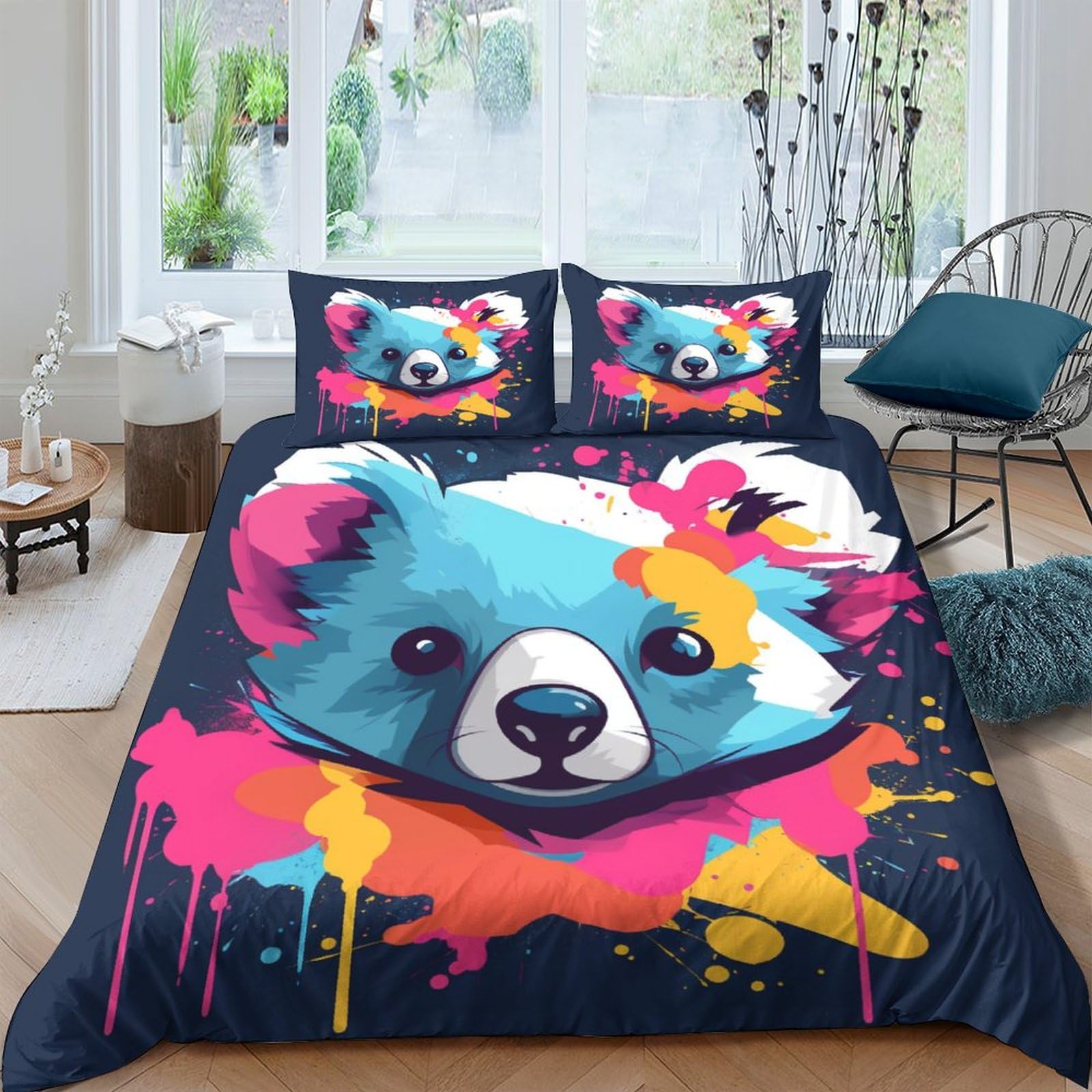 Parure de lit koala 3D en microfibre avec housse de couette 200x200cm et taies d'oreiller pour lit double