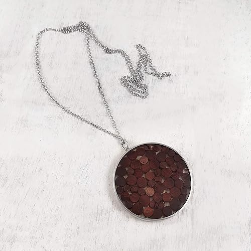 Miniatura 2 de Wood Circle Statement Pendant Necklace, Sterling Silver 925 Polished finish and Resin, Boho Style 35" long, Handmade in Peru by Claudia Lira