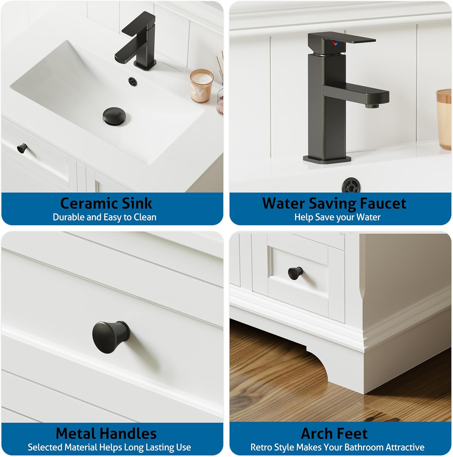 eclife 48" Bathroom Vanity with Sink Combo, Vintage Bathroom Vanities Storage Cabinet w/Painted Surface, Raised Arch Feet, Soft Closing Doors, Undermount White Sink Faucet Drain, White