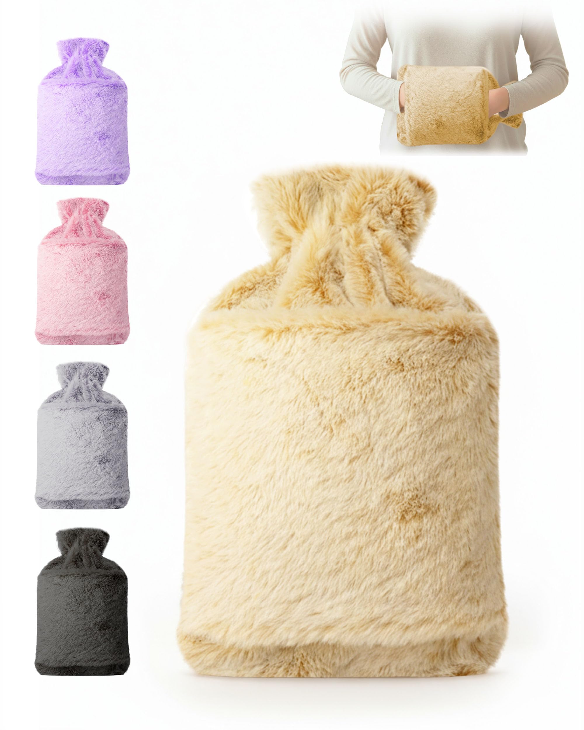 KEPLIN Hot Water Bottle 2L with Soft Faux Fur Cover, Leakproof Natural Rubber, Long Lasting Warmth for Neck, Back & Hands, Fluffy Cosy Design for Men & Women, Winter Comfort - Cream
