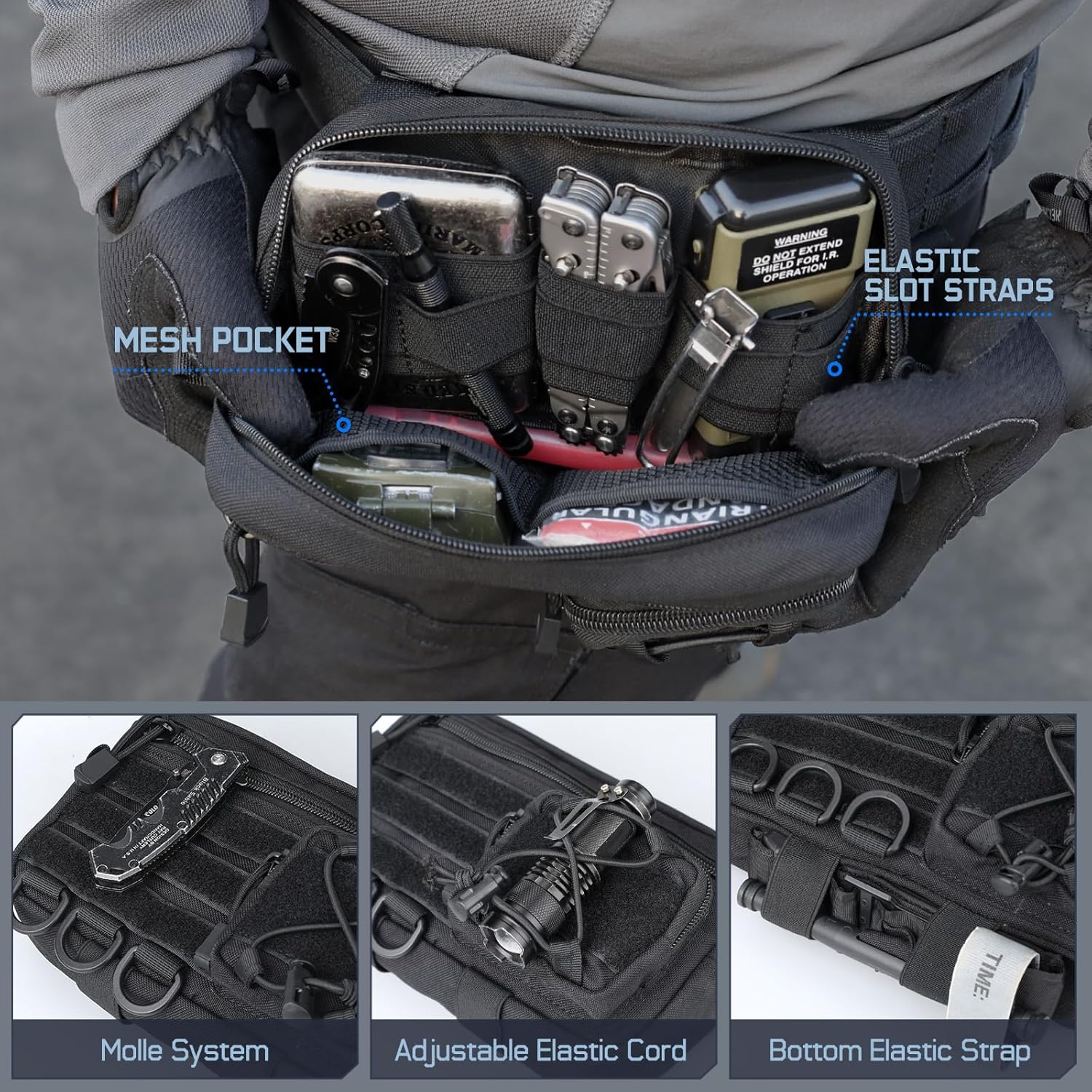 Molle Admin Pouch for Tactical Backpack, EDC Tool Pouch Organizer, Tactical Admin Pouch Molle, Belt Zipper Utility Waist Bag, Horizontal Phone Pouch with US Flag Patch - Image 5