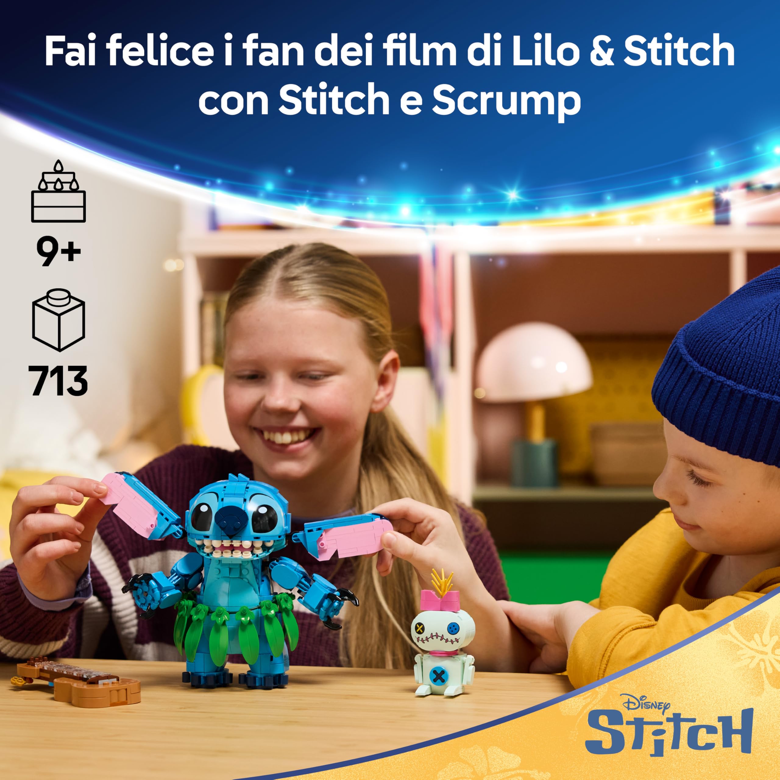 LEGO | Disney Stitch e Scrump Giocattolo - 2 Action Figure con Accessori tra cui un Ukulele - Decorazione Cameretta - Regalo di Compleanno per Bambine e Bambini da 9 Anni in su Fan del Film - 43296