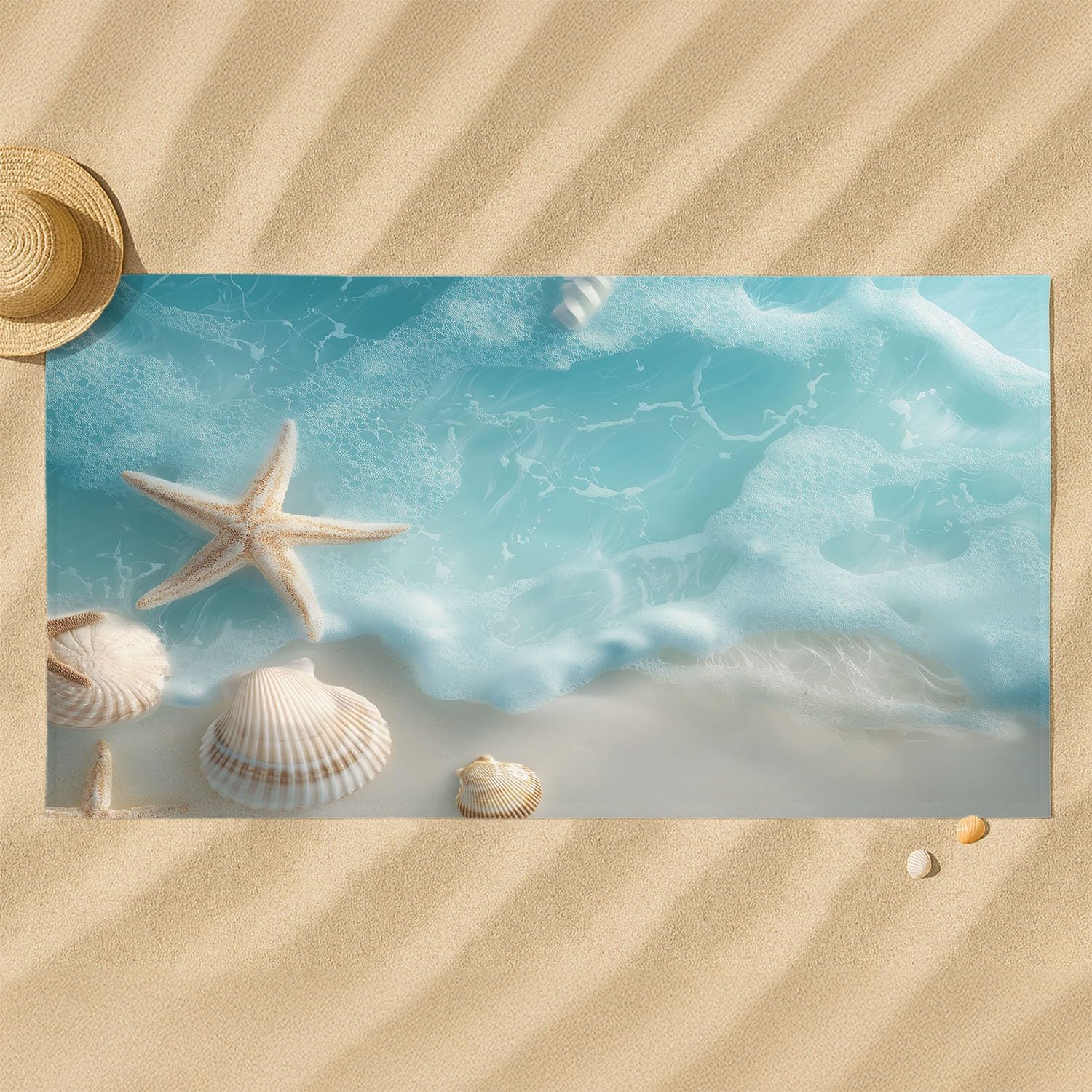 Küste, Erfrischend, Realistisch, Beruhigend Strandtuch 230 x 210 cm - Strandtuch trandtuch Leichtdünn Weich Strandtuch Muscheln, Seesterne, Meeresoberfläche,für Strand, Pool, Yoga, Picknick