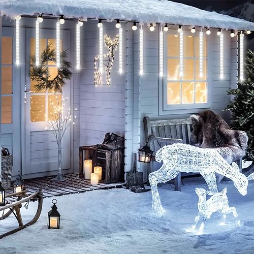 Miniatura 4 de YEGUO Luces solares de Navidad al aire libre, 8 tubos 144 LED lluvia de meteoritos luces de Navidad para fiesta, árbol, vacaciones, techo, boda