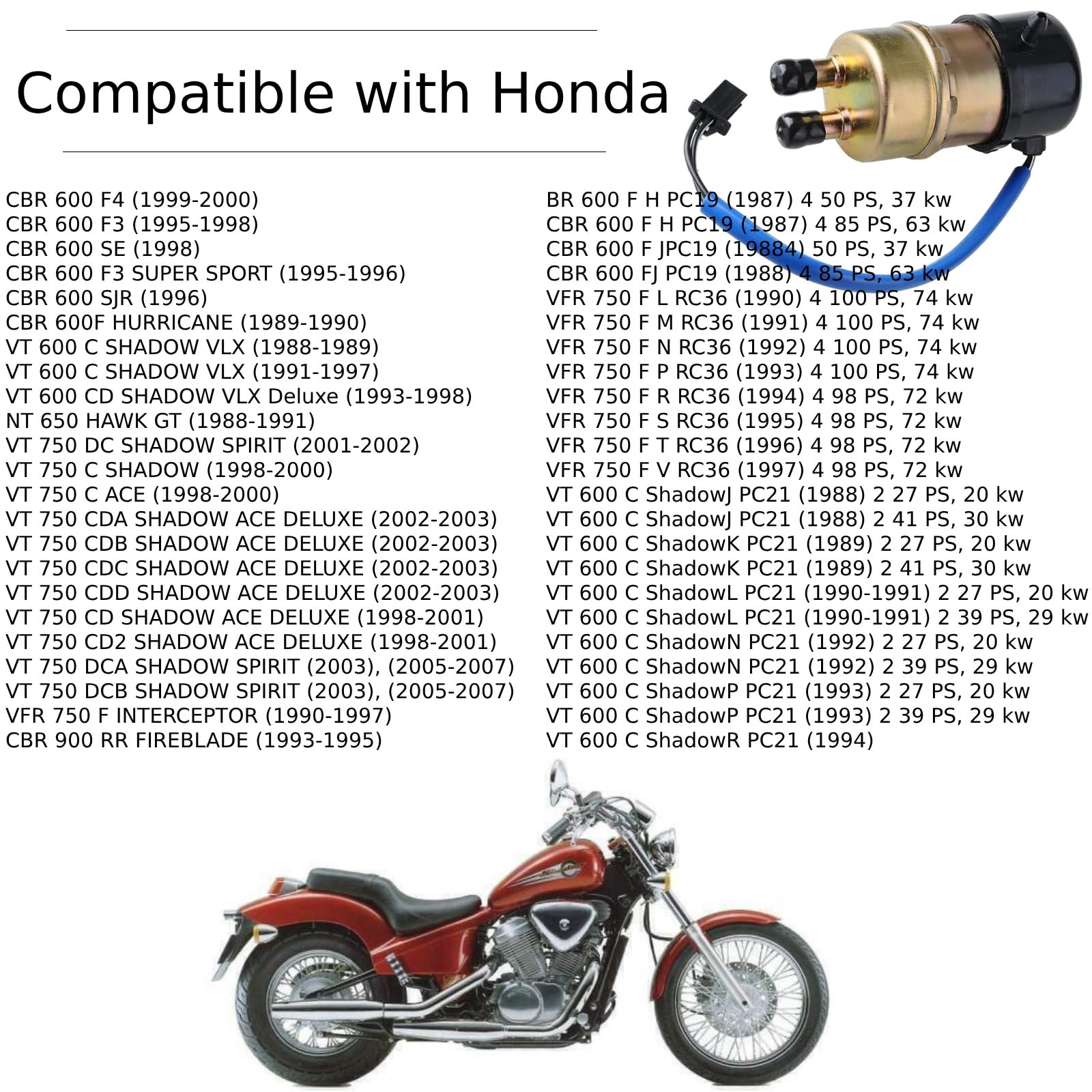 Twowinds - Bomba Moto Gasolina Compatible con Honda CBR 600 F, VT 600 C, NT650 VT 750C, VFR 750F, CBR 900RR - Bomba de Combustible