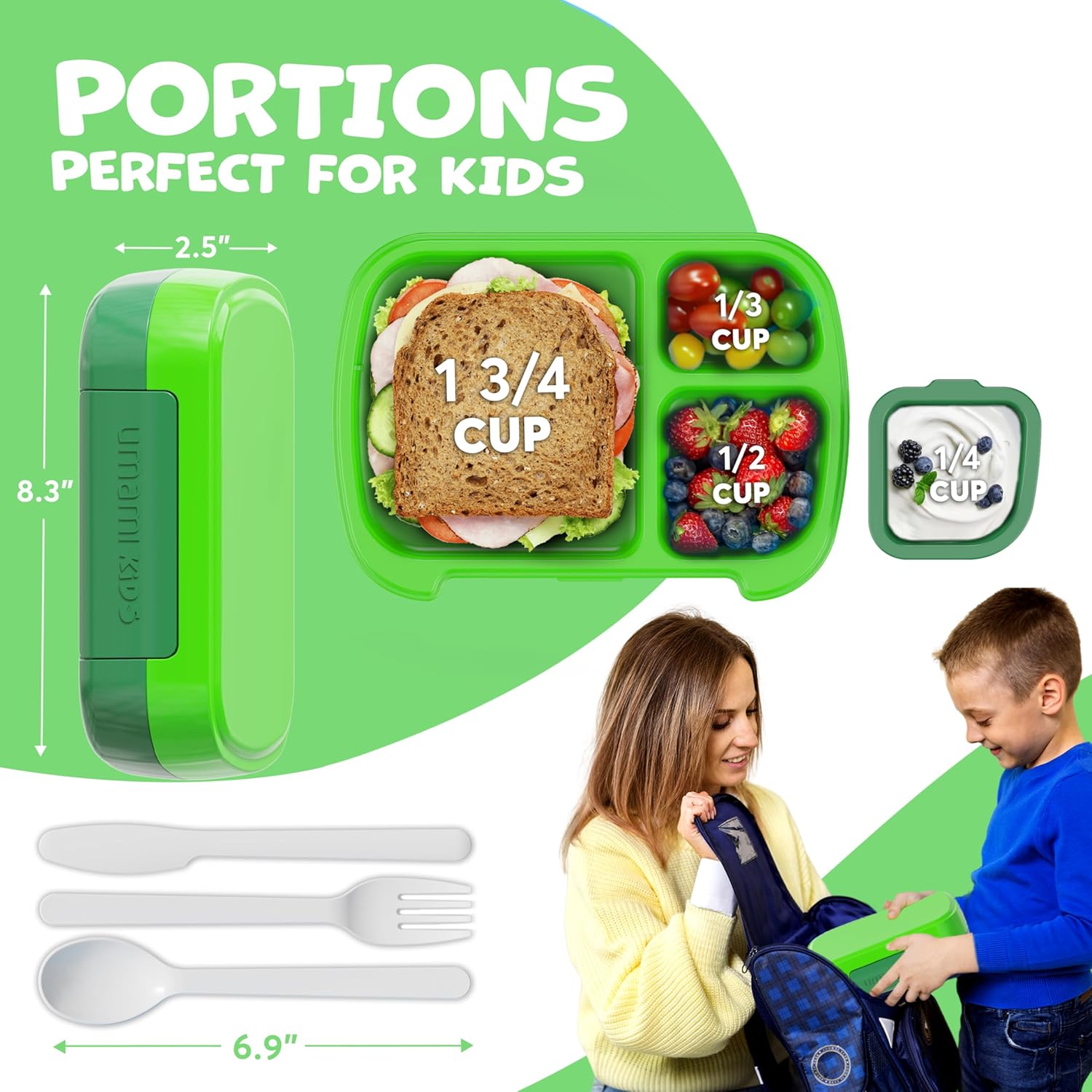 Umami All-in-1 Bento Box for Kids, Ice-pack & Utensils Included, 100% Leakproof & BPA free, Parents' favorite Lunch Box Kids (Jungle Green, 23 oz) - Image 4