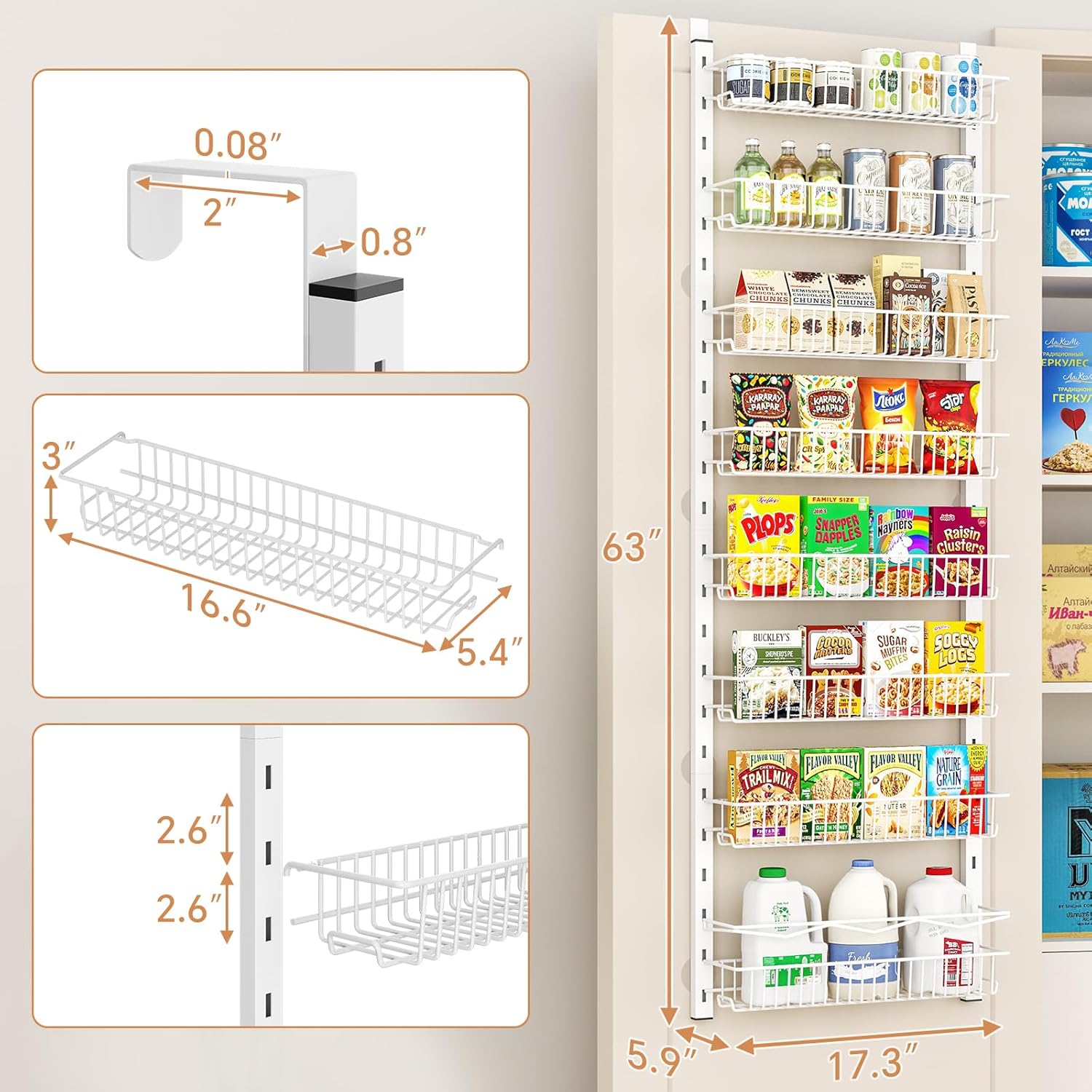 MIAOLI Over the Door Pantry Organizer, 8-Tier Adjustable Spice Rack Cabinet Door Shelves, Hanging Seasoning Organizer for Kitchen Bathroom, Laundry Room Organization, White
