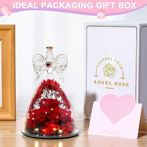 Miniatura 6 de Regalos de rosas para el Día de la Madre para mujer, figuras de ángel grandes con rosas reales, rosa real preservada para ella, rojo cristal