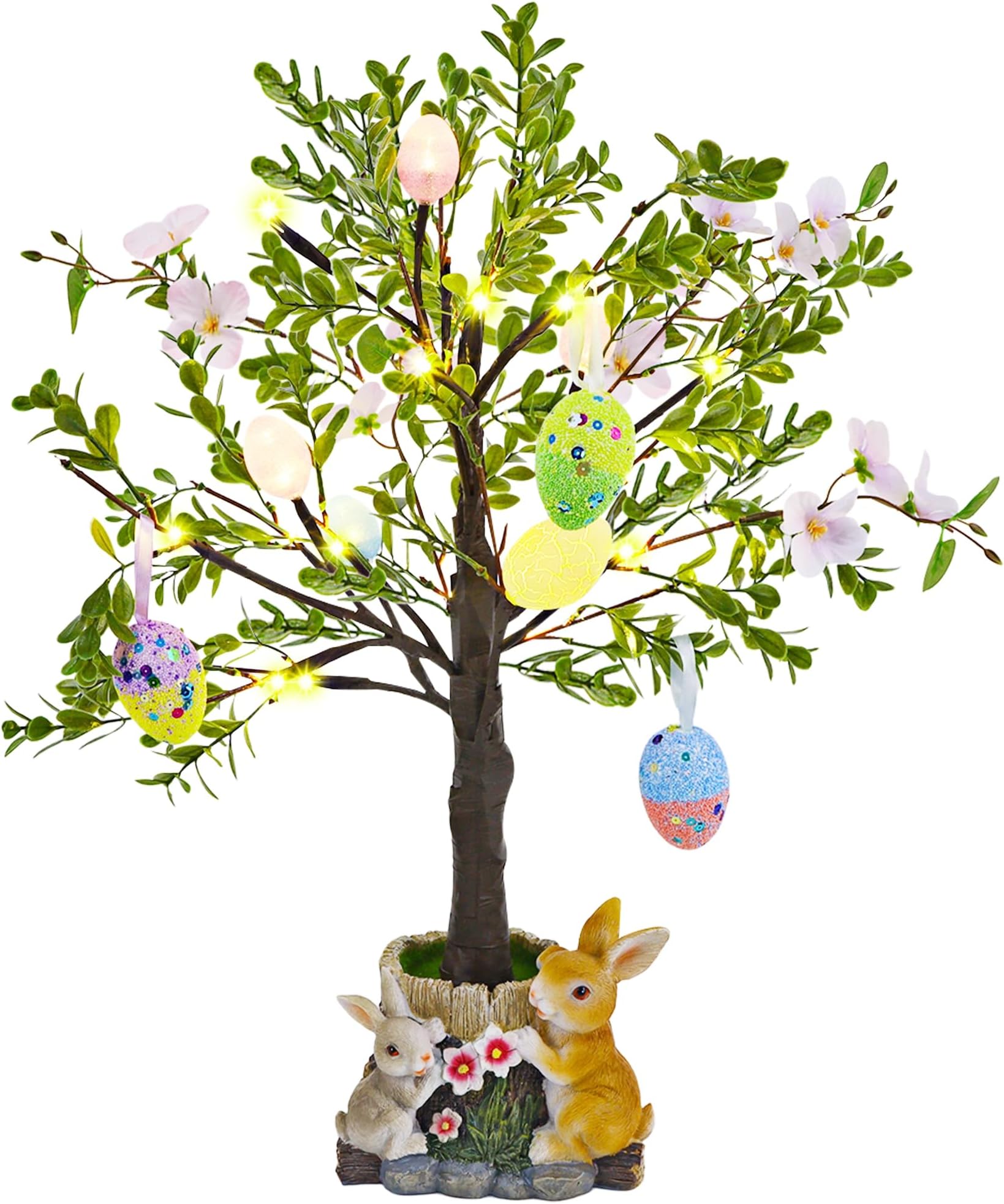 DR.DUDU Lighted Easter Tree 23.5 Inch - Pre-Lit Easter Decorations for Table with Eggs & Bunny Pot, Spring Trees Centerpiece with Lights for Dining Room, Home, Mantel, Office Décor