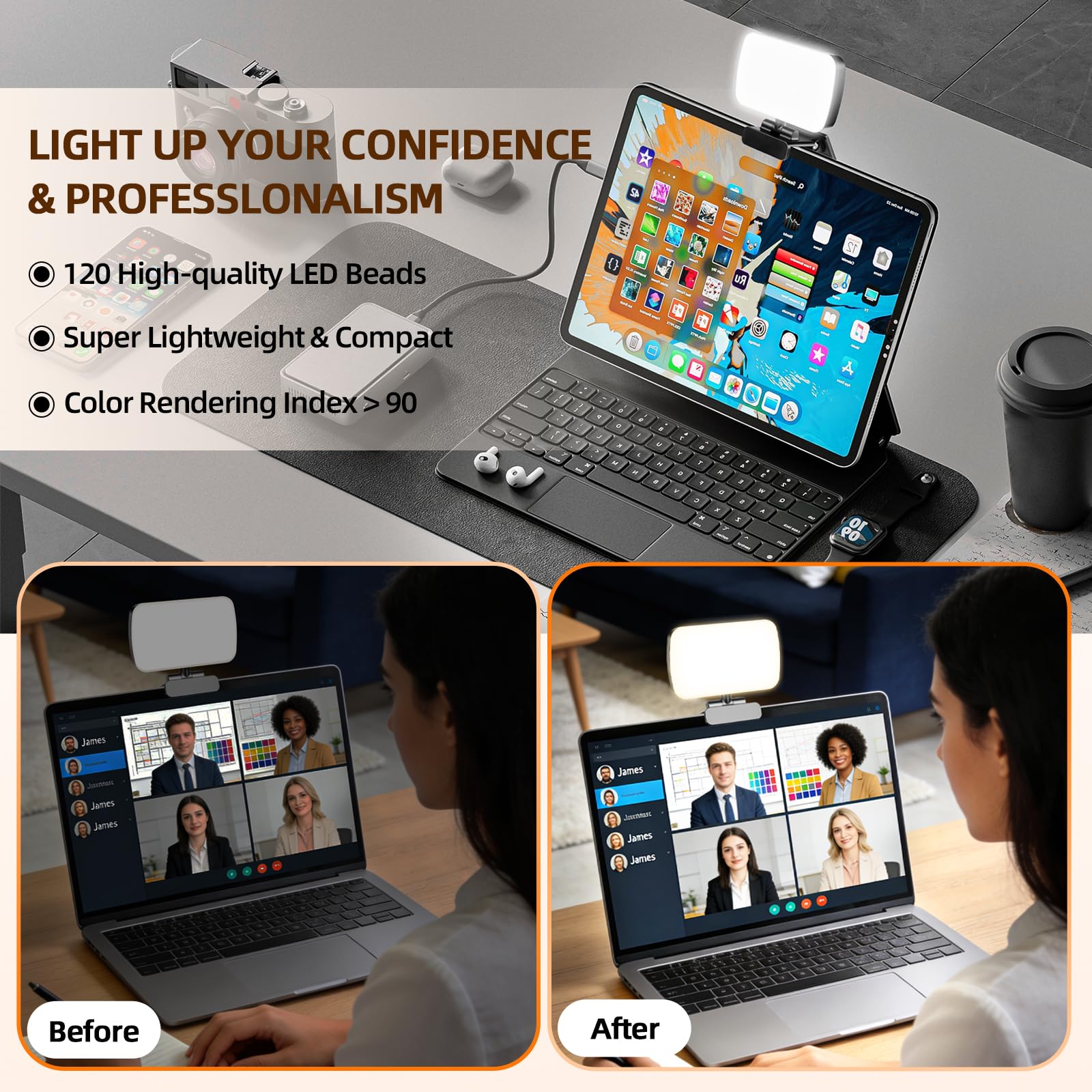 120 LED Videokonferenz Licht mit USB-Kabel, 3 Einstellbare Farben/10 Helligkeitsstufen/360° Drehung, 3000K-6500K Streaming Licht, Videolicht mit Clip für Zoom-Meetings Laptop Monitor Büro Geschenk