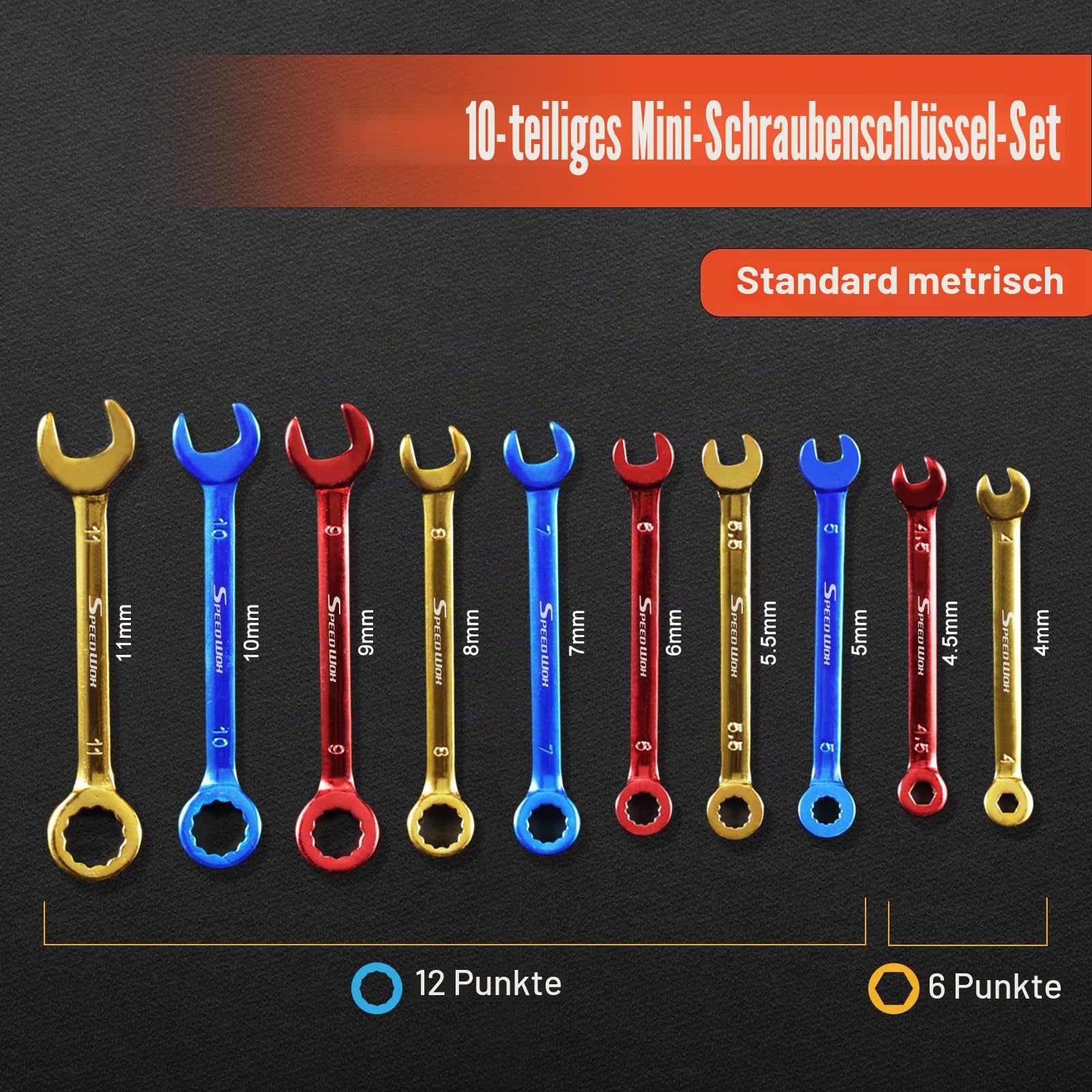 Speedwox Mini-Kombinationsschlüssel-Set, metrisch und SAE-farbig plattiert, offenes und Kastenenende, Midget-Schraubenschlüssel-Set mit tragbarer Tasche und großem Ring (4-11 mm) (5/32-7/16 Zoll)