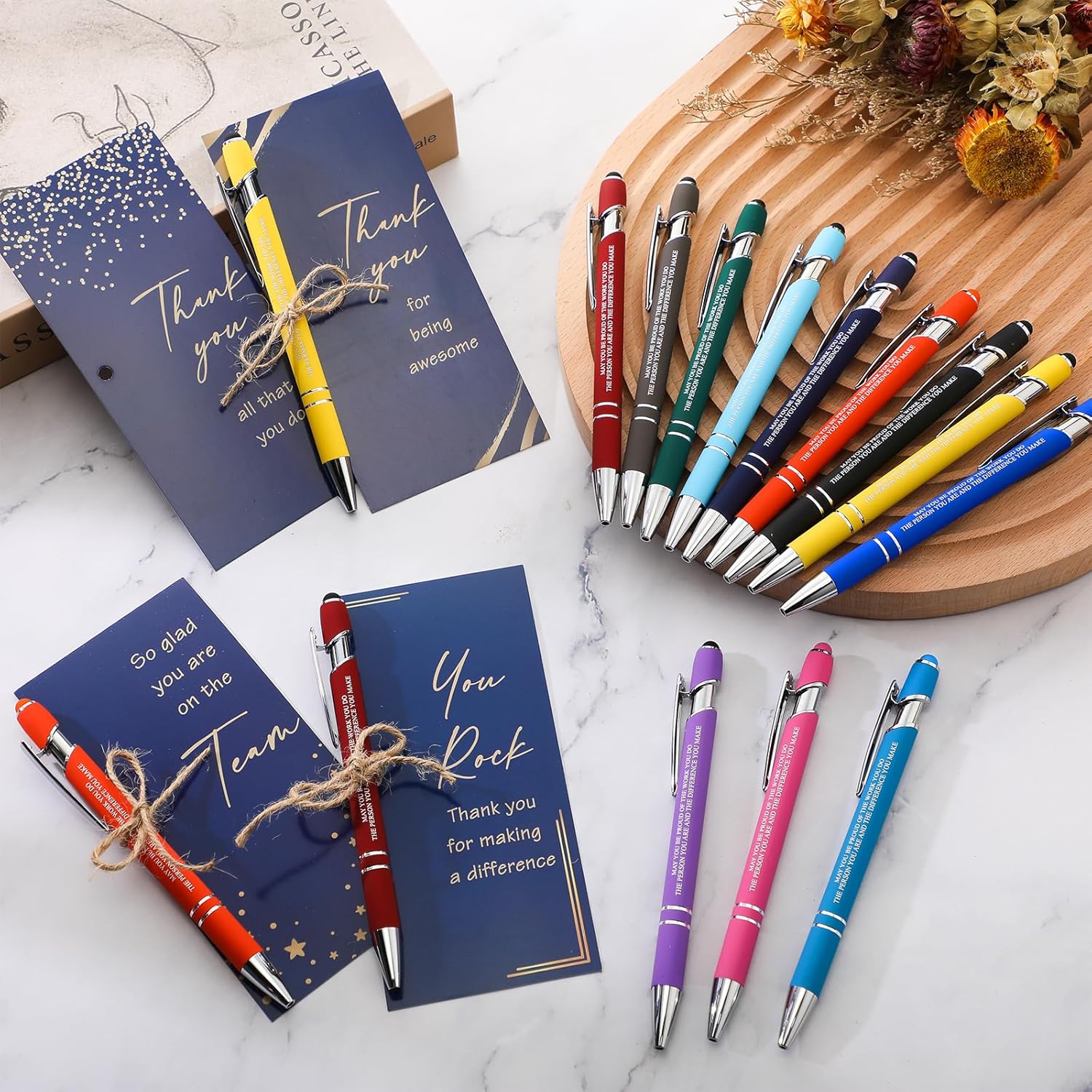 Qilery Employee Appreciation Pens Gifts Inspirational Ballpoint Pens Black Ink Metal with Stylus Tip Colorful Motivational Quote with Thank You Card Rope for Coworker Team Office Teacher Staff(48 Set)
