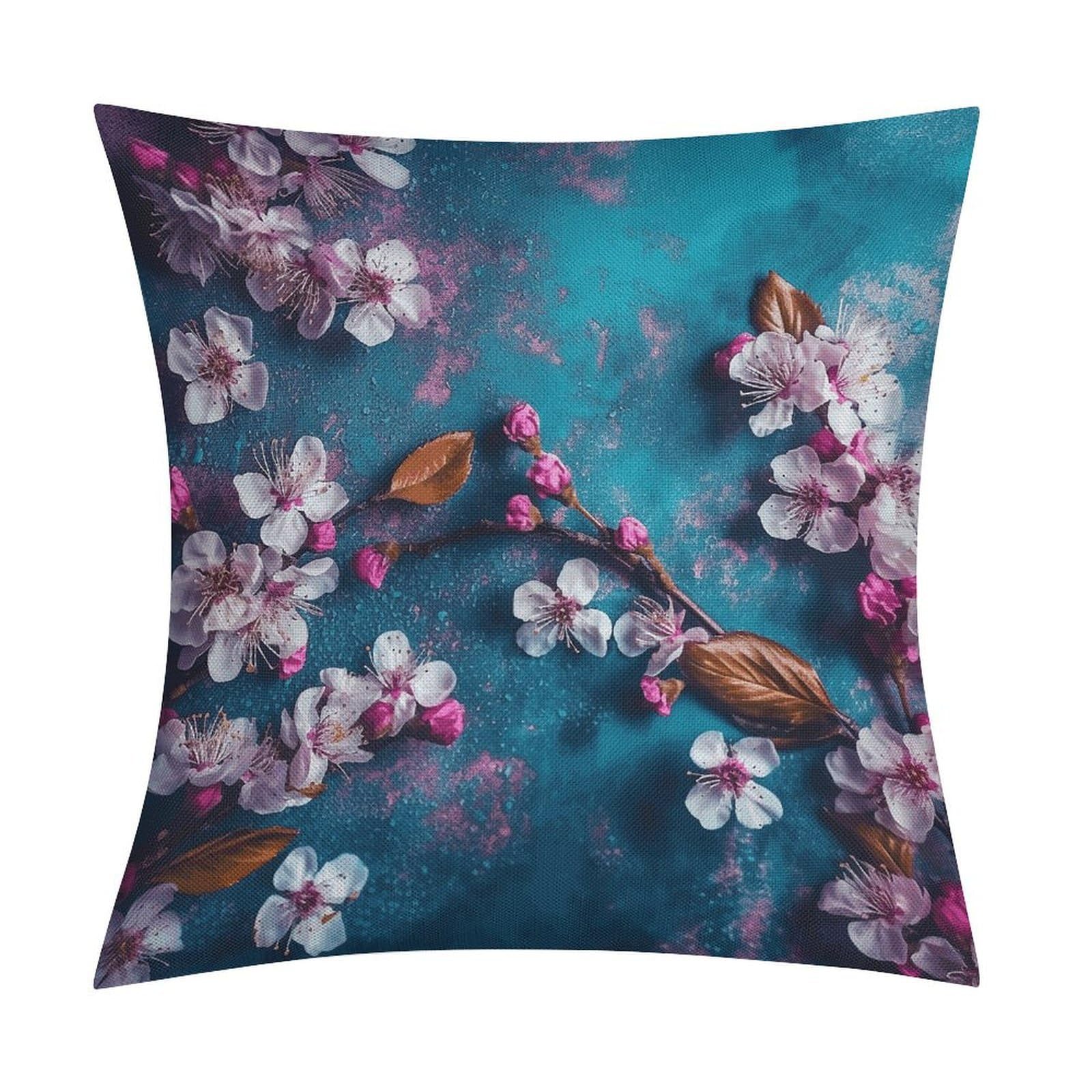 Fodpand Style Flowers On Blue Background Pillow Covers 18X18 Inch, Pillow Cases Boho Farmhouse, Throw Pillow Covers For Couch Sofa Bed Spring Home Decor
