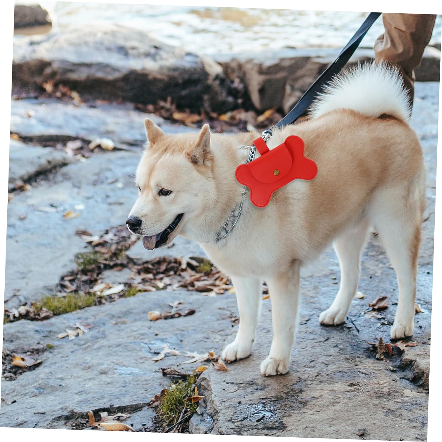 Dog Poop Bag Dispenser Leash Attachment, Portable PU Red Holder image 3