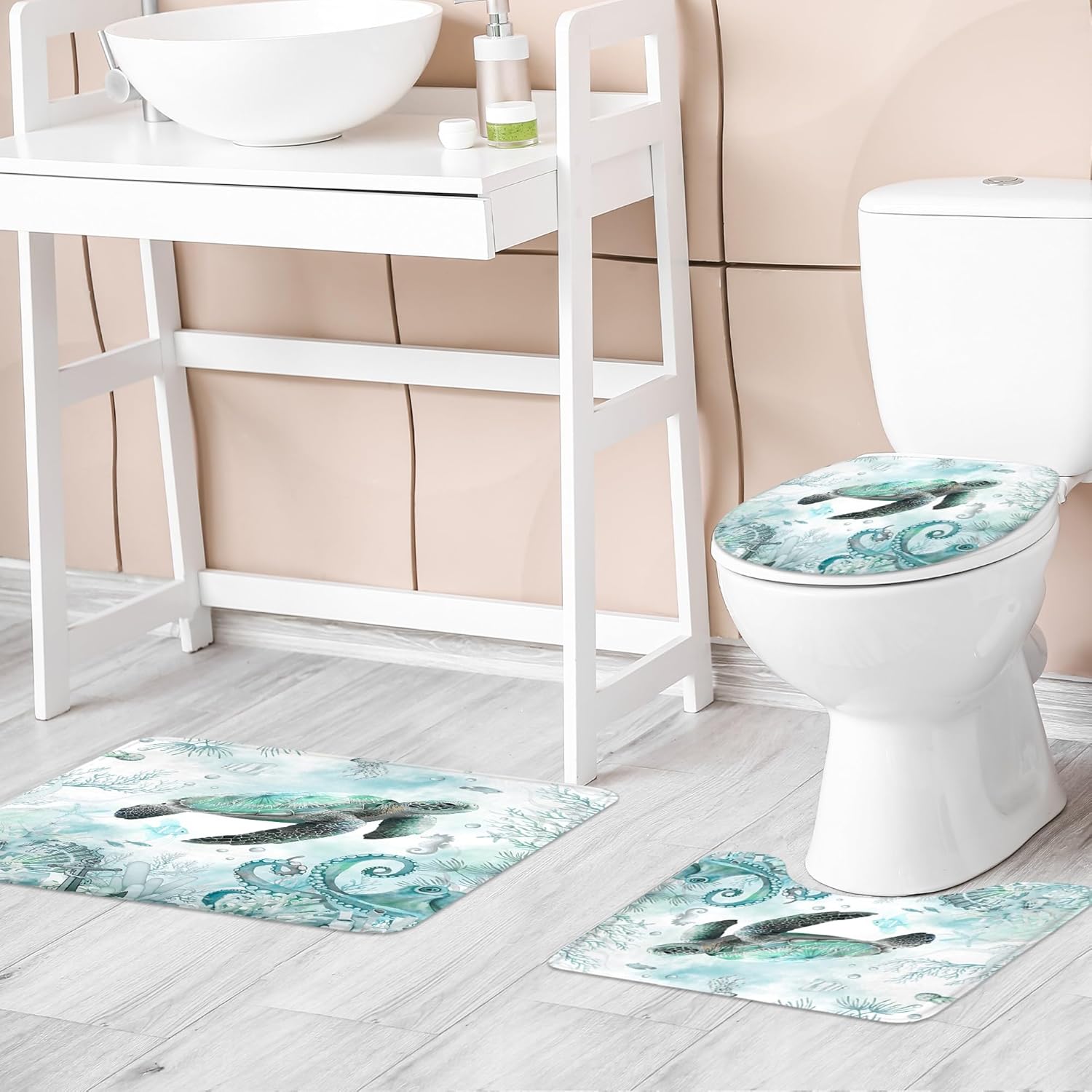 Riyidecor Teal Beach Sea Turtle 4Pcs Bathroom Shower Curtain Sets Ocean Octopus Marine Turquoise Bathroom Decor Set with Rugs and Accessories Coastal Toilet Lid Rug, Contour and Bath Mat with 12 Hooks