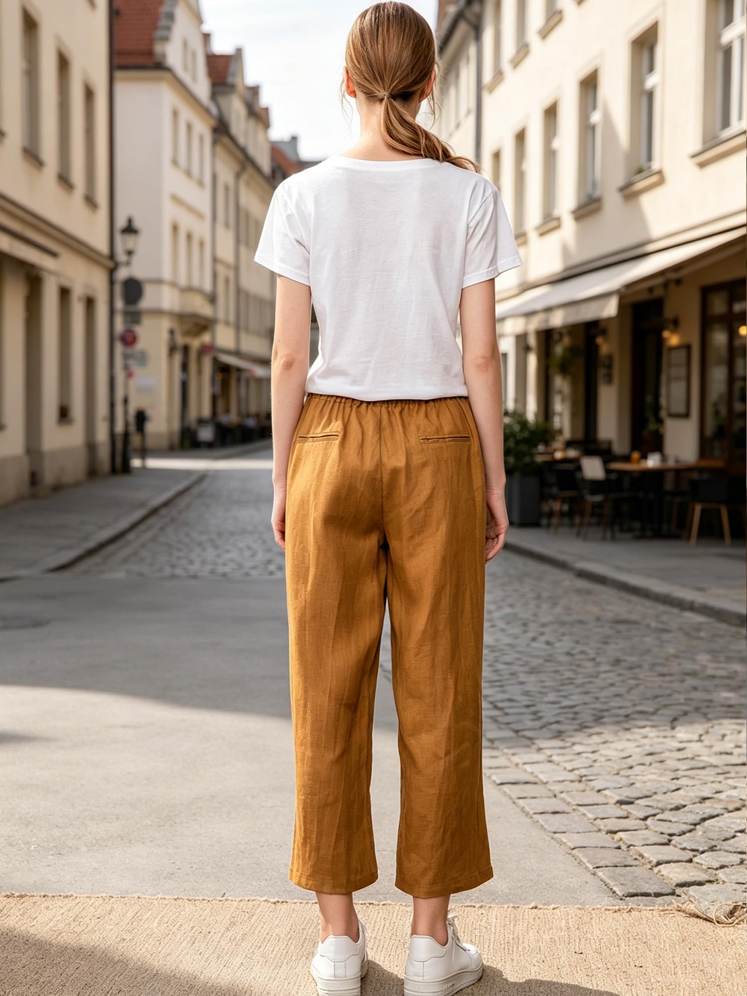 FTCayanz Donna Pantaloni Larghi Lino Vita Alta Pantaloni Gamba Larga Estivi con Coulisse