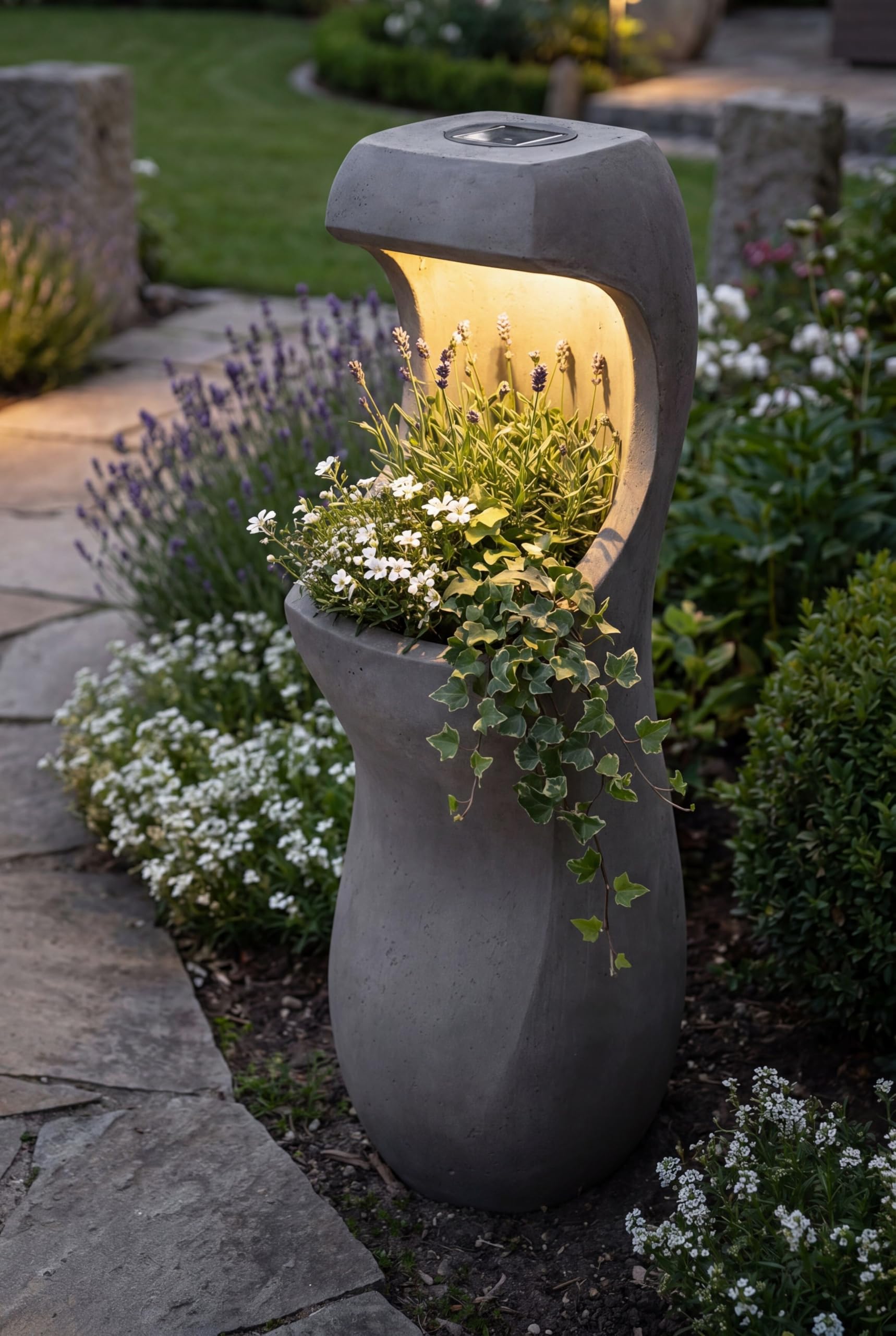 Vaso di design con illuminazione a LED solare Win 33 – 71 cm, effetto cemento, grande vaso per giardino e terrazza, resistente alle intemperie, illuminato