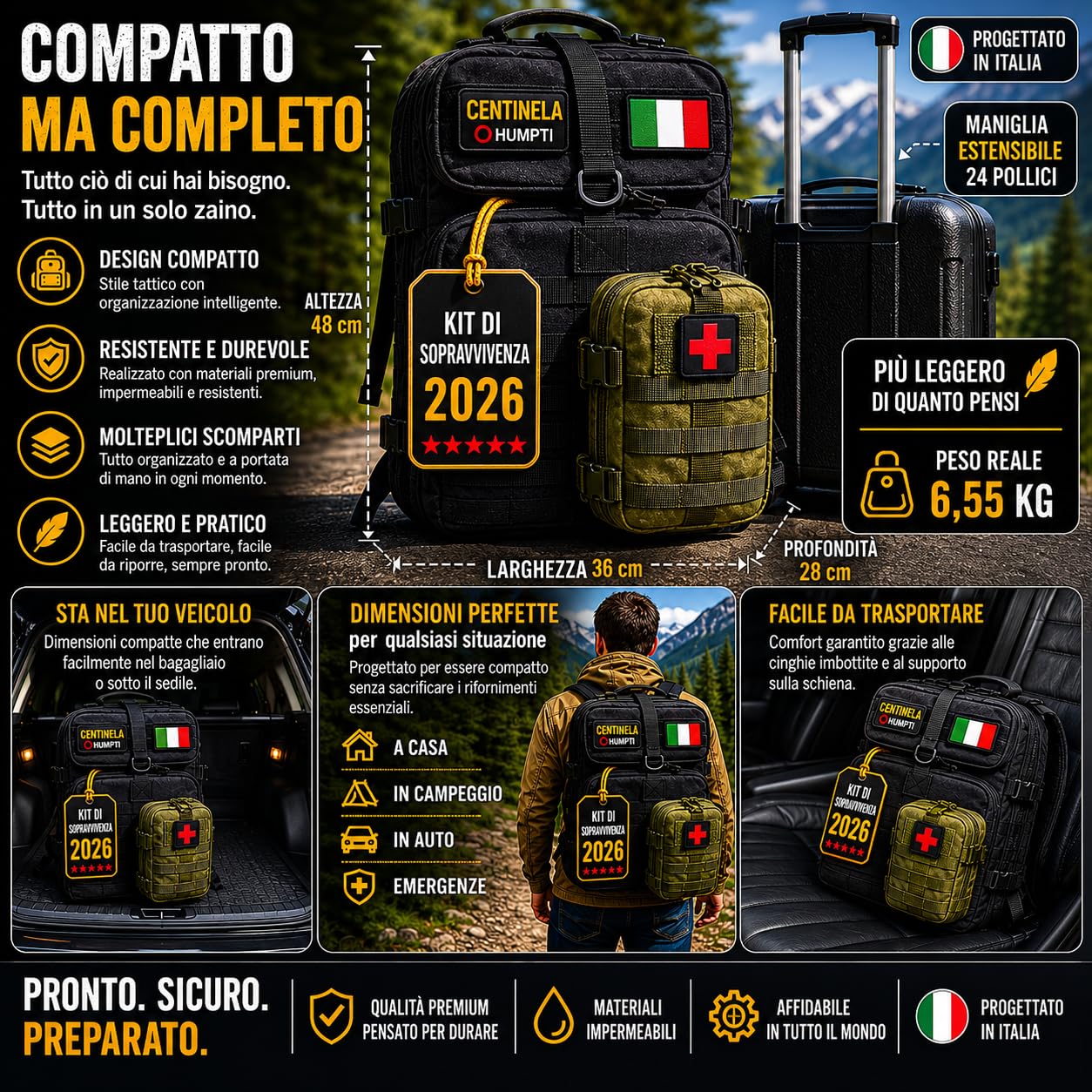 Kit di sopravvivenza completo 2026, zaino emergenza 72 ore per casa e campeggio, con radio solare, fornello da campeggio a gas portatile, 3 lampade, kit di primo soccorso, paracord e coperta termica