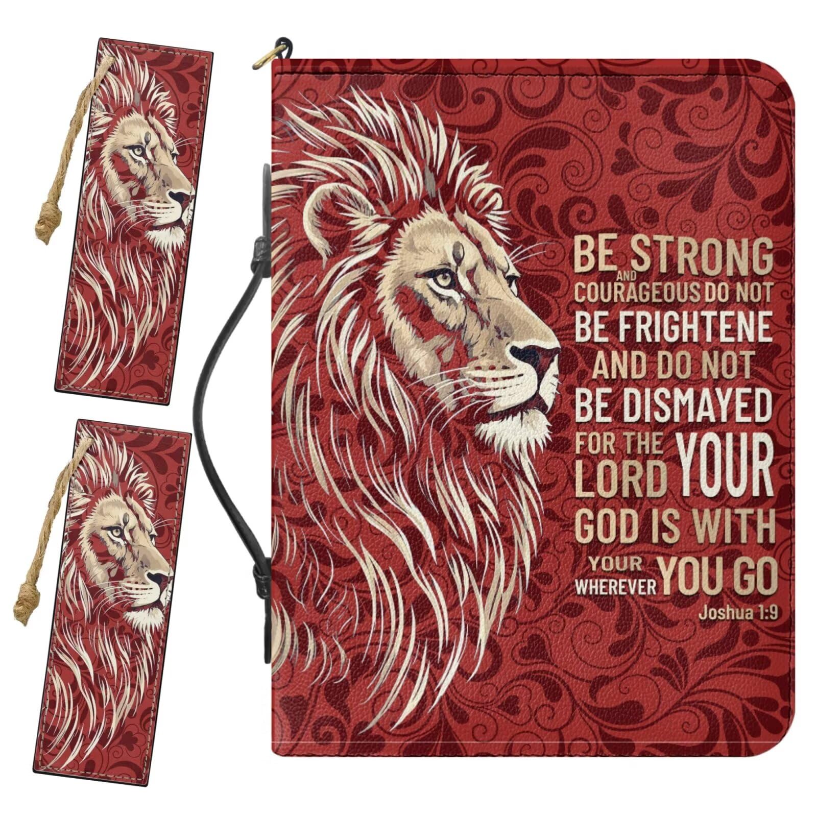 Drnuikhe Large Bible Carrying Case for Women, Red Bible Cover Comes with 2 Bookmarks, Lion Print Joshua 1:9 Faux Leather Bible Carrier with Inner Pockets and Pen Loop, Church Bags for Men