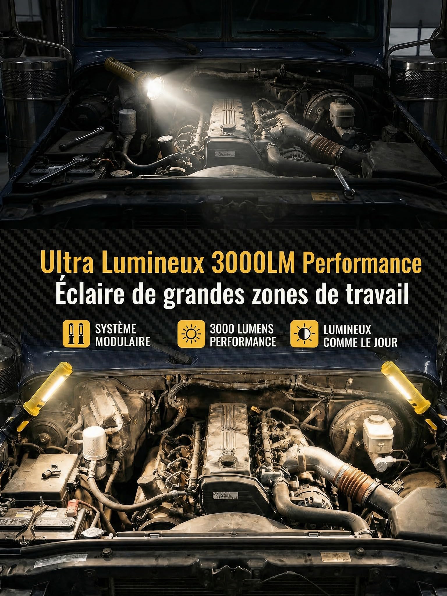 3000LM Baladeuse LED Mecanicien, 5200mAh Lampe de Travail avec Batterie Externe, 2-en-1 Séparable, Aimant, Crochet, IP54 SOS, Réparation Auto (Jaune vif)