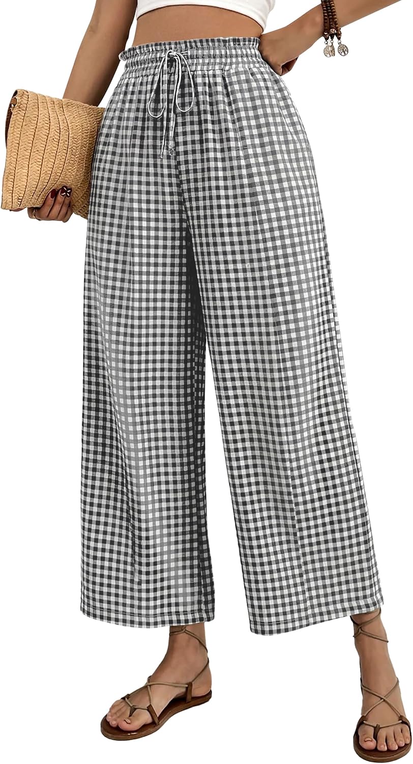 WIHOLL Wide Leg Pants Woman Flowy Palazzo Drawstring Elastic Waist Trousers with Pockets Casual Lounge