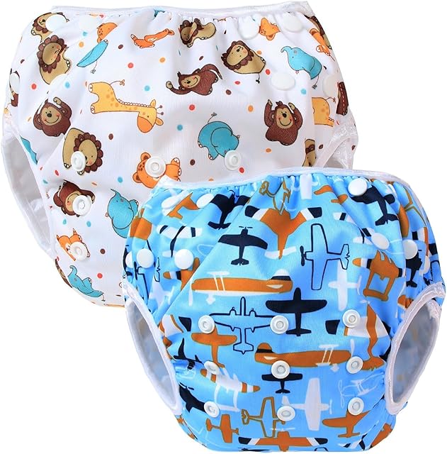 Teamoy Reusable Swim Nappy(2 Packs) for Baby Boys& Girls, Comfortable, Washable and Adjustable, Ideal for Swimming Lessons/Holiday, Aircraft+ Fat Smile