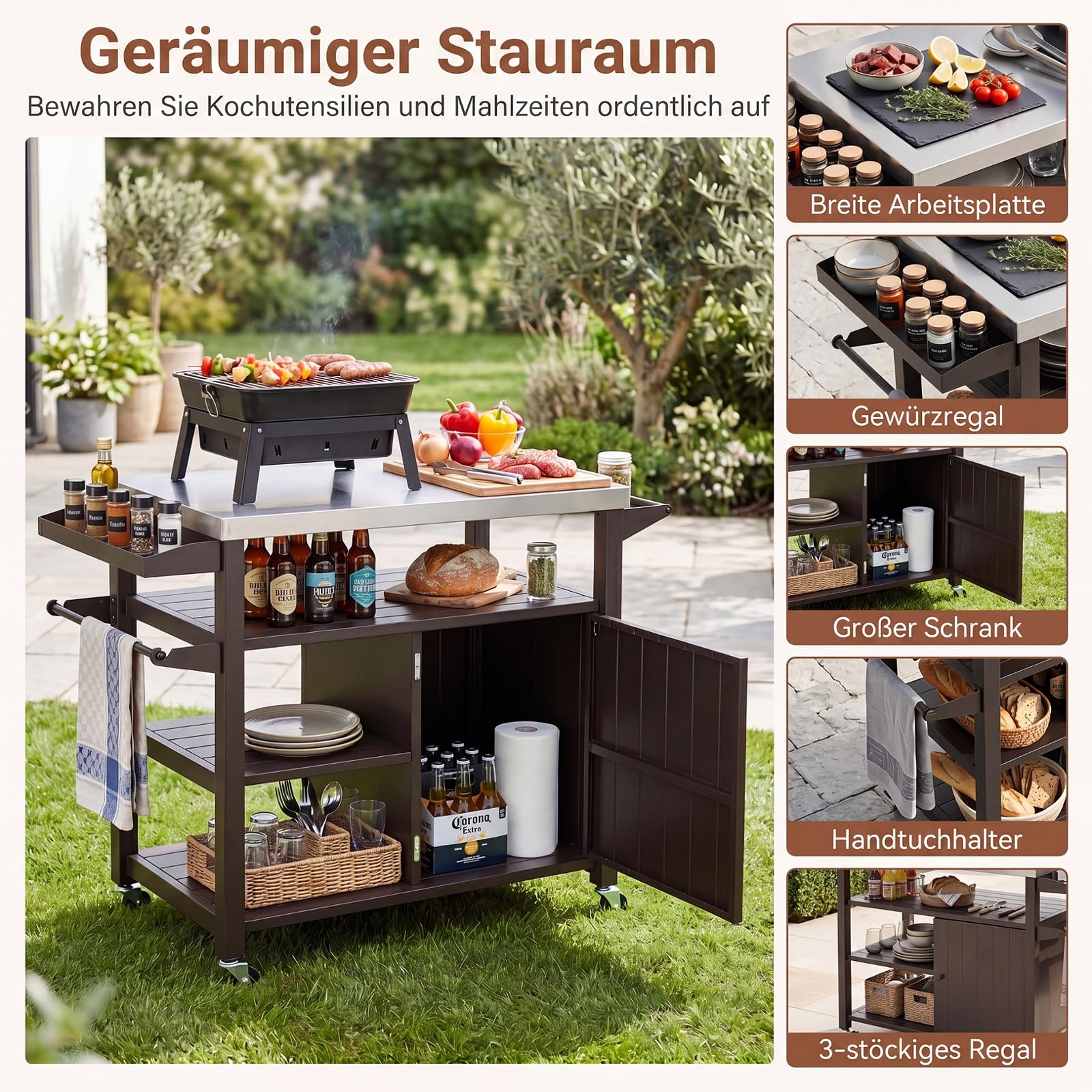 COSTWAY Grillwagen Outdoor, Grilltisch auf Rollen, Servierwagen mit Edelstahlarbeitstisch, 3 Ablagen, Schrank, Gewürzregal & Griff, Beistelltisch für BBQ, Hinterhof Garten Terrasse, Metall, Braun