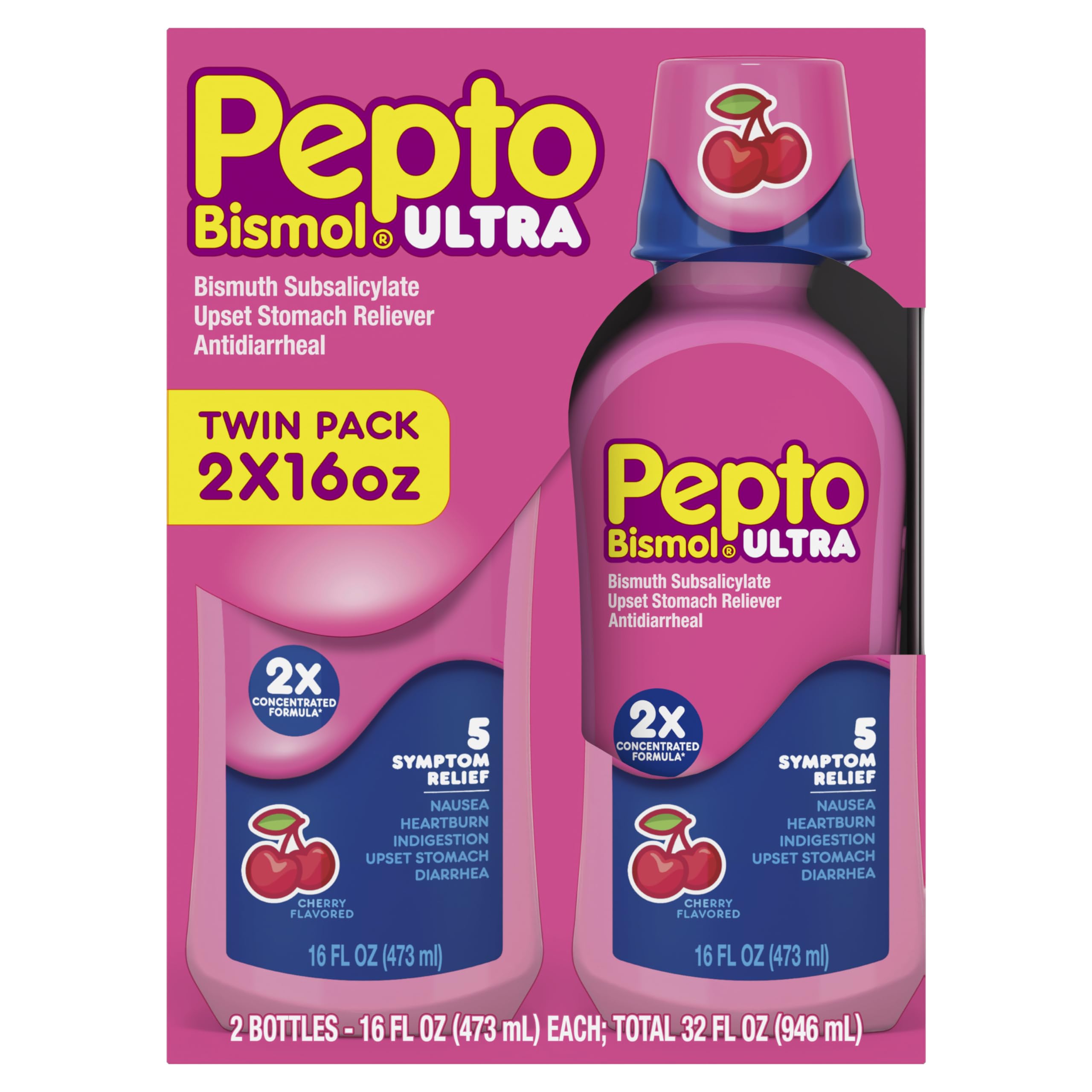 Liquid Ultra for Nausea, Heartburn, Indigestion, Upset Stomach, and Diarrhea - 5 Symptom Fast Relief, Cherry Flavor 12 oz (Pack of 3)
