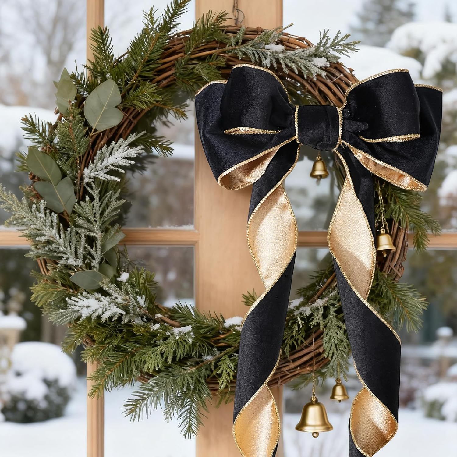 LaRibbons Black/Gold Reversible Velvet Lurex Wired Ribbon, 4 Inch Crushed Velvet Ribbon for Gift Wrapping, Christmas Tree Decoration, Crafts Wreaths Supplies, 10 Yard