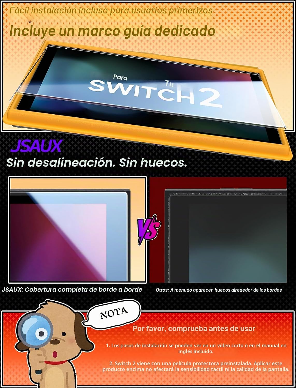 JSAUX 3-Pack Protector Pantalla para Nintendo Switch 2 2025, Ultra HD, Dureza 9H, Resistente a Arañazos, Cobertura Completa de Pantalla, Instalación Fácil con Marco de Montaje, Accesorios Protección 4