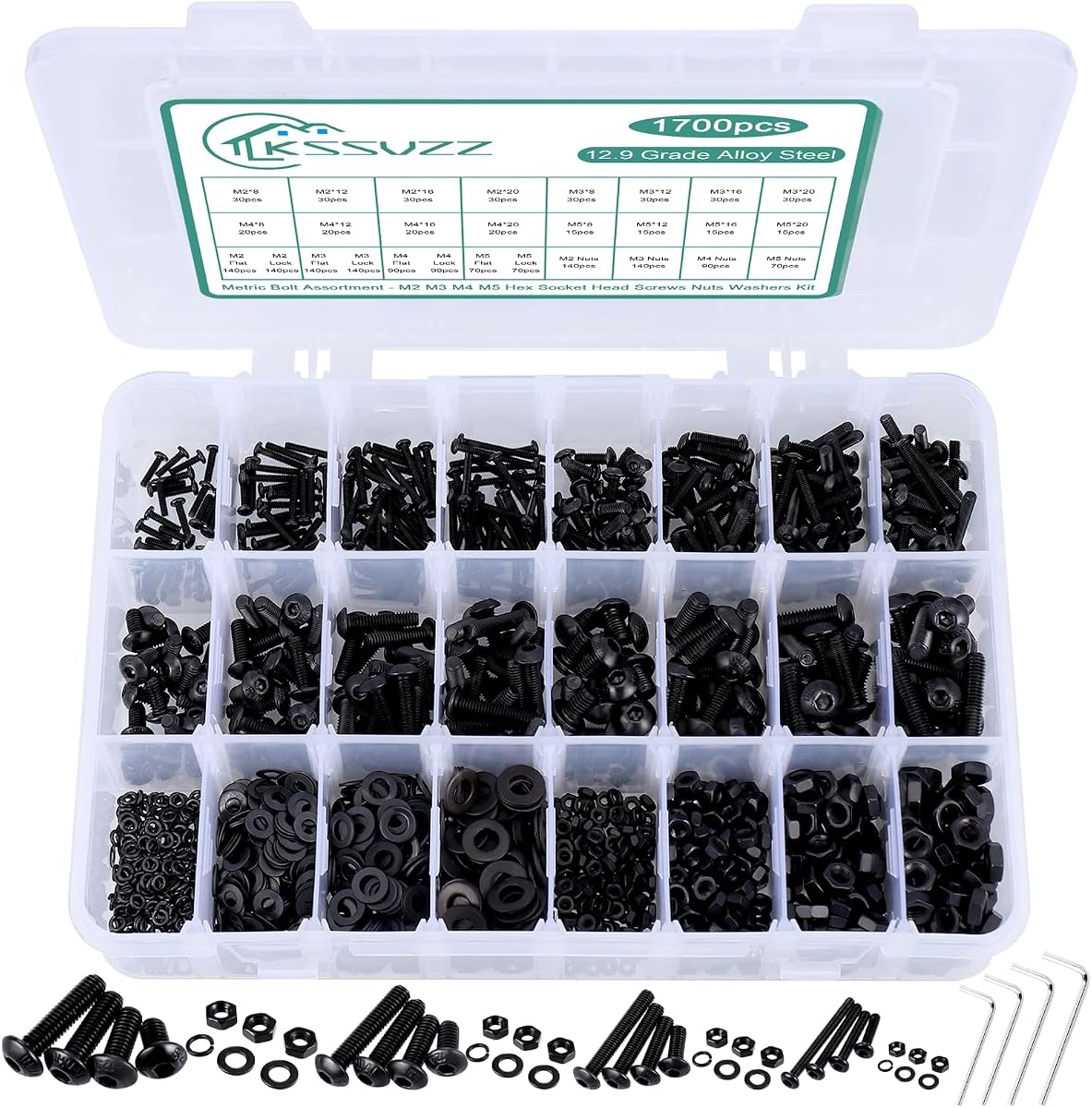 Kit surtido de tuercas y pernos métricos de 1700 piezas – Surtido de tornillos M2 M3 M4 M5, juego de tornillos de máquina surtidos con cerradura y arandelas planas, kit de tornillos y tuercas de cabeza hexagonal de acero de aleación de grado 12.9