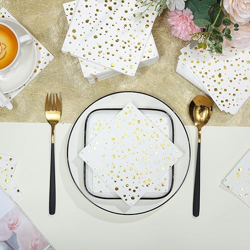 Miniatura 3 de 300 servilletas de fiesta de fin de año 2024 desechables de 3 capas de cóctel de 5 x 5 pulgadas, servilletas de papel con puntos dorados, cena para