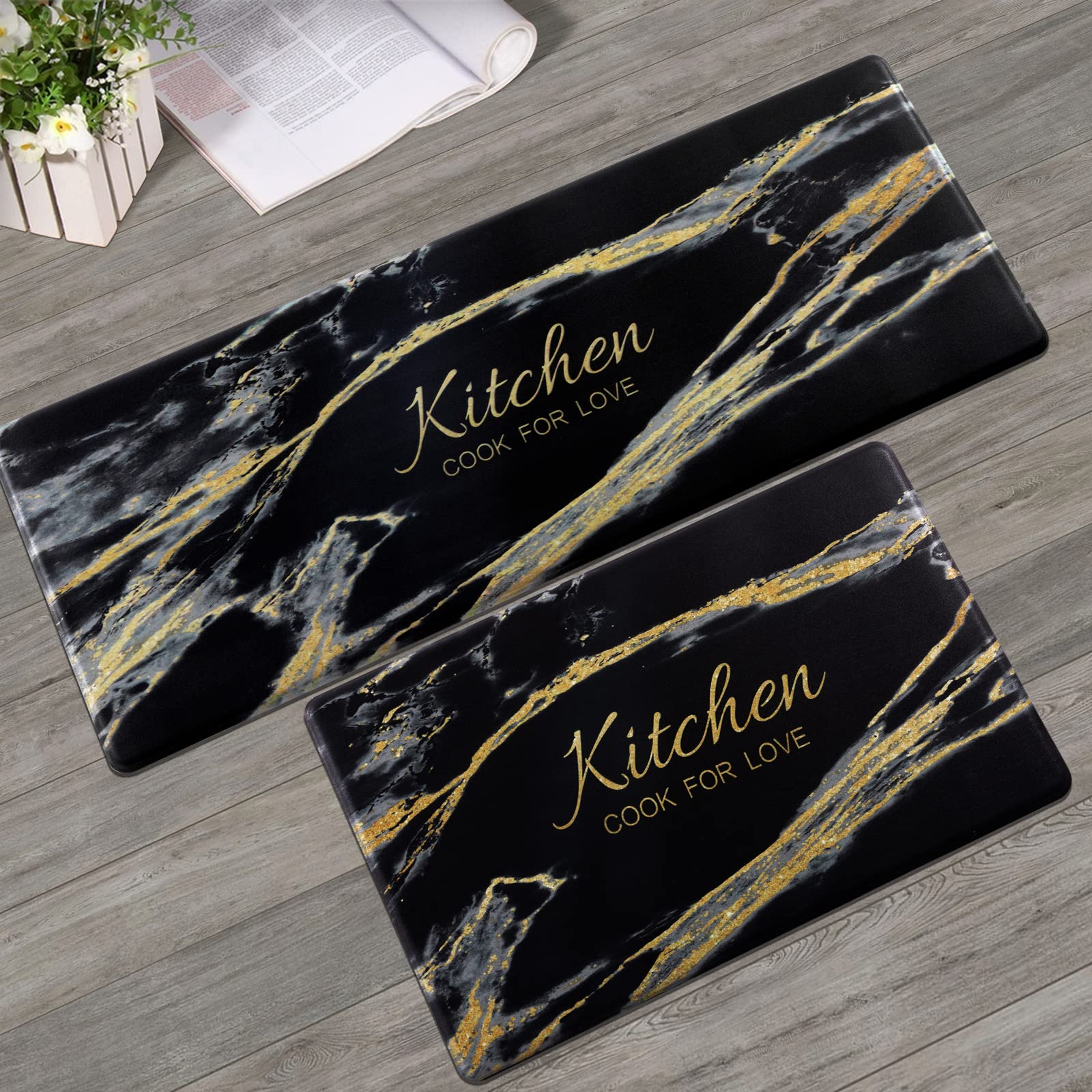 Carvapet 2 Pieces Comfort Anti-Fatigue Kitchen Rugs Standing Desk Mat Waterproof Decorative Ergonomic Floor Pad Kitchen Rug Black&Golden Marble Design 17"x47"+17"x28"OEKO-TEX STANDARD 100