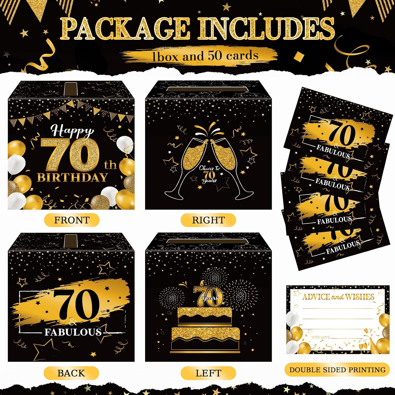 Funrous 70th Birthday Party Message Card Box Cheers to 70 Years Black Gold Advice and Wishes Greeting Card Box for Men Women Birthday Decorations Party Supplies Anniversary Tables Sign Decor