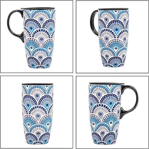 Miniatura 9 de Taza de viaje de café de cerámica de 17 onzas con asa y tapa deslizante resistente a las salpicaduras, taza de arte de té alta de porcelana de gran