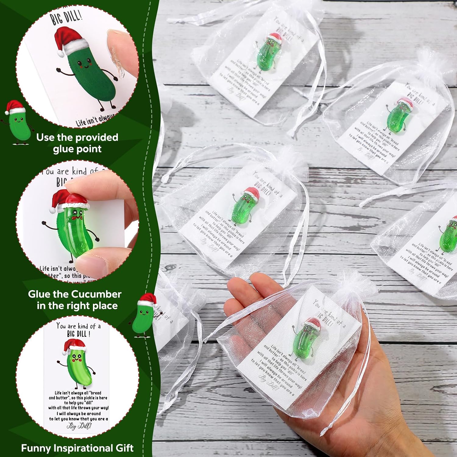RoundFunny 30 Sets Christmas Pickle Toy Gifts Bulk Cute Emotional Pickle Toys with Inspirational Card and Organza Bag Emotional Positive Gifts for Coworkers Staff Food Service Dietitians